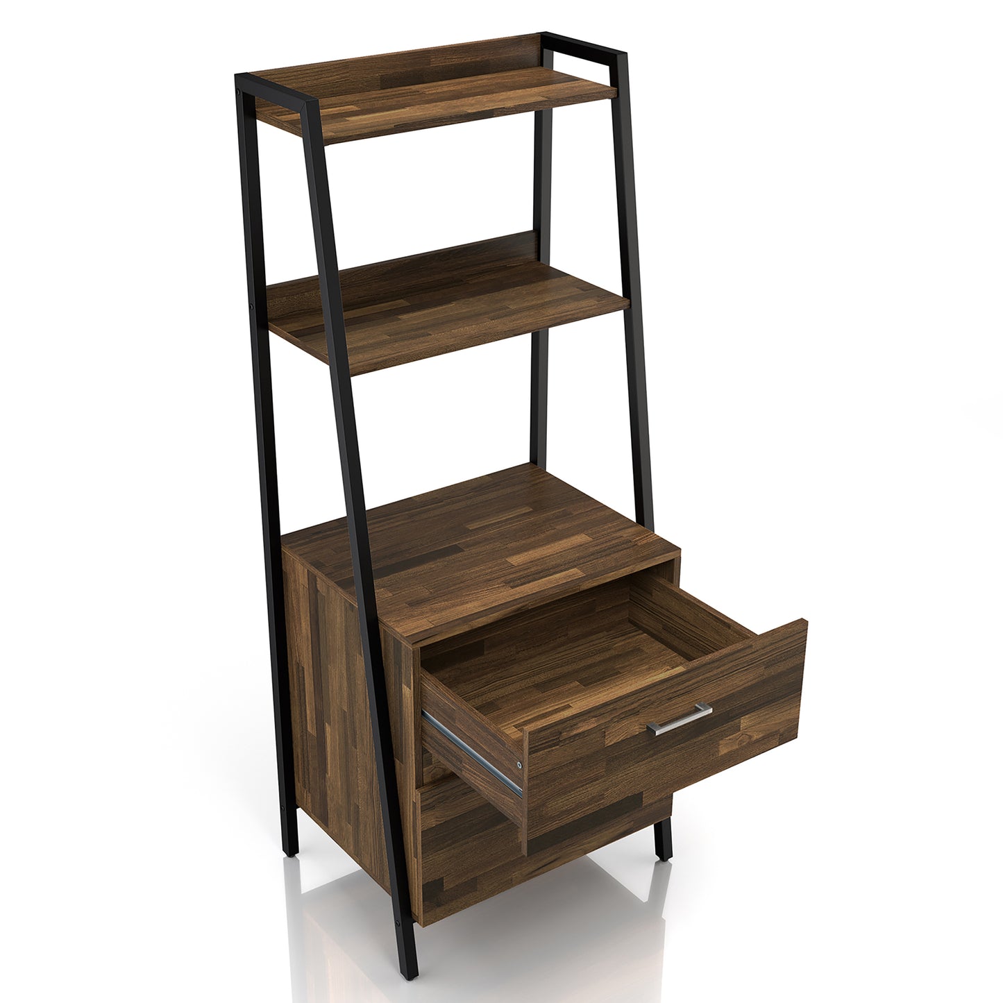 Right angled bird's eye view of a contemporary light hickory and black angular two-shelf bookcase with two-drawer file cabinet with top drawer open on a white background