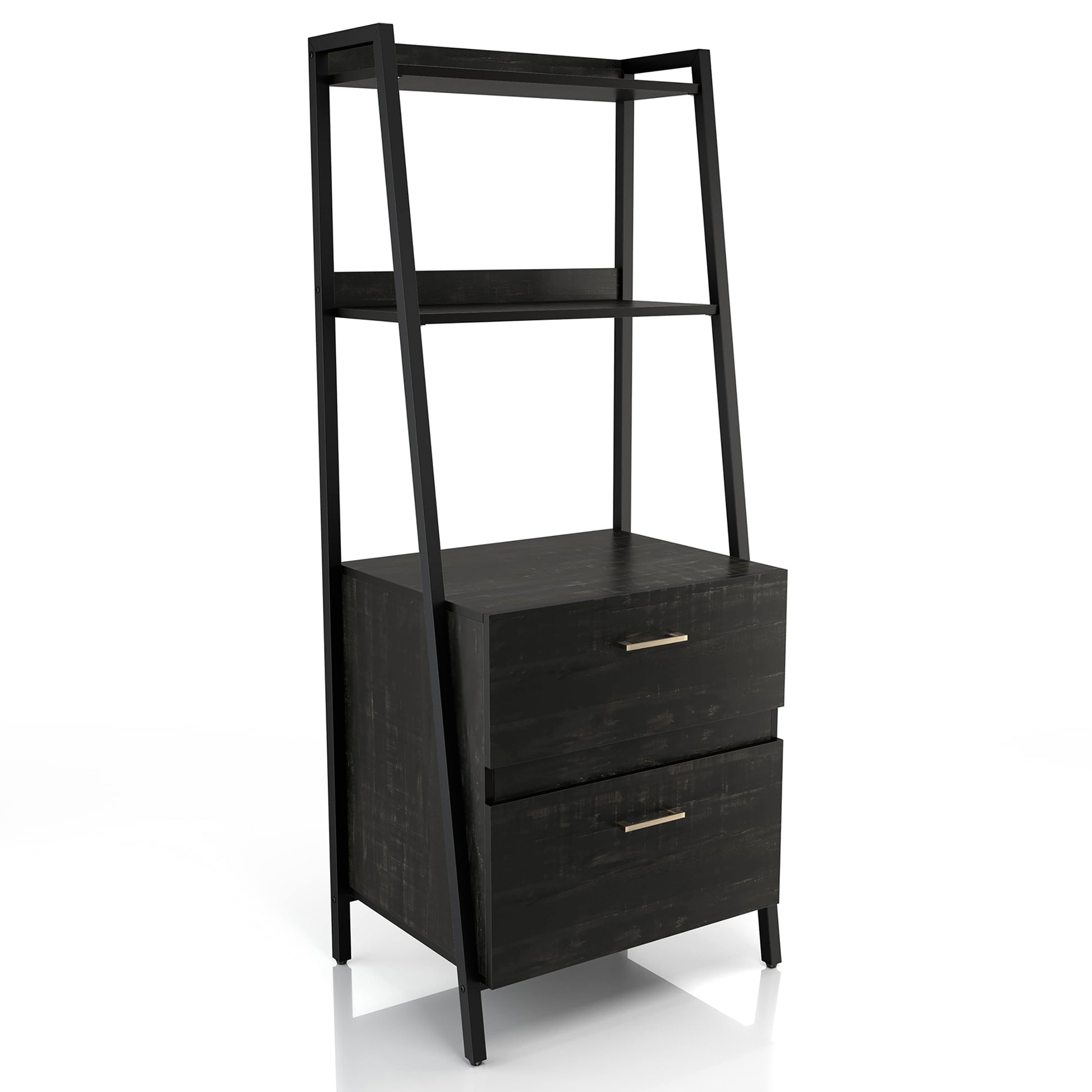 Right angled contemporary reclaimed black oak and black angular two-shelf bookcase with two-drawer file cabinet on a white background