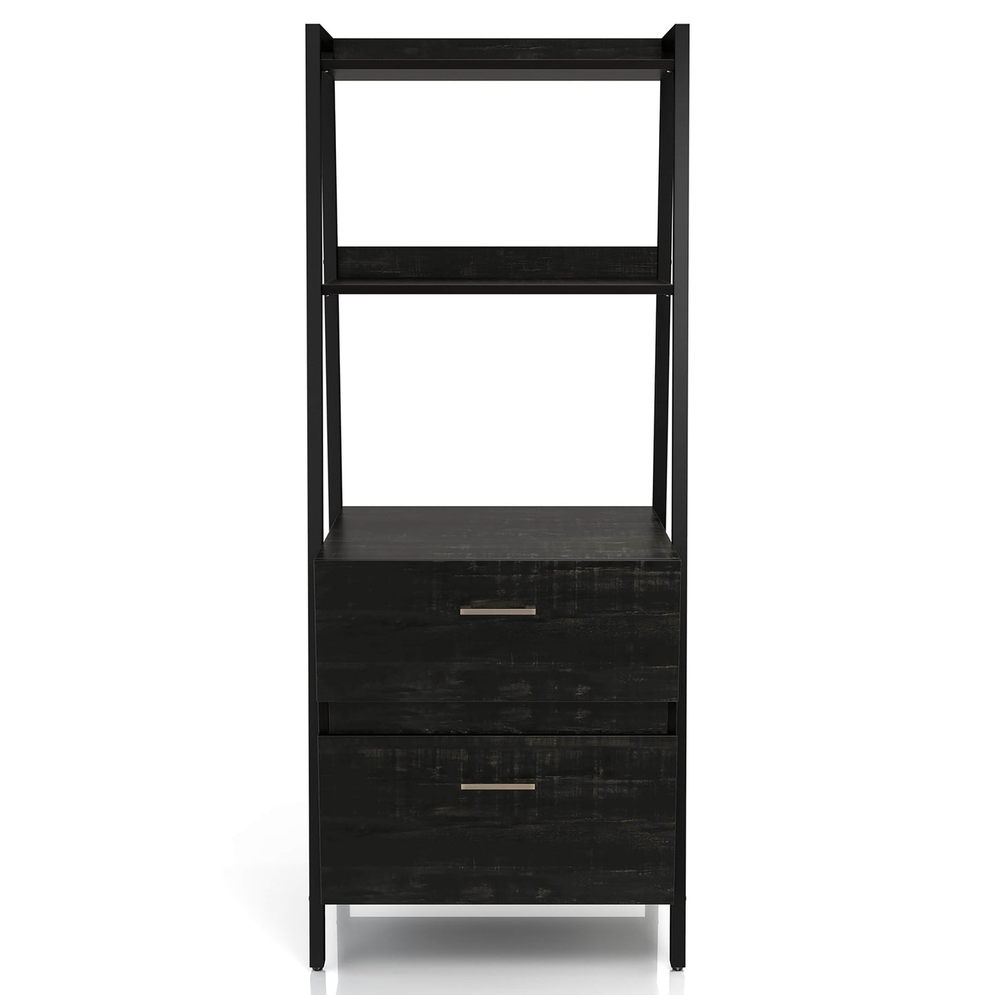 Front-facing contemporary reclaimed black oak and black angular two-shelf bookcase with two-drawer file cabinet on a white background