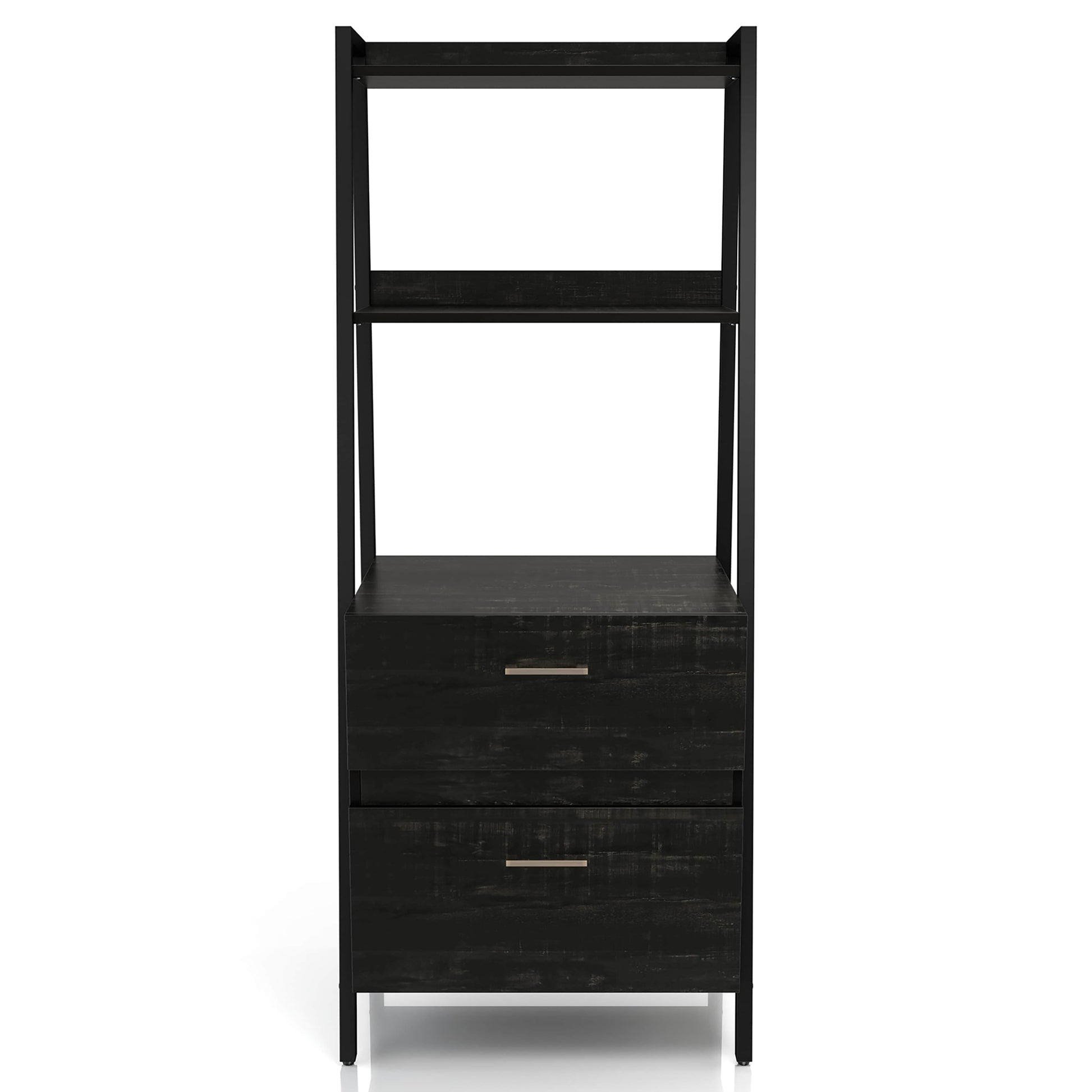 Front-facing contemporary reclaimed black oak and black angular two-shelf bookcase with two-drawer file cabinet on a white background