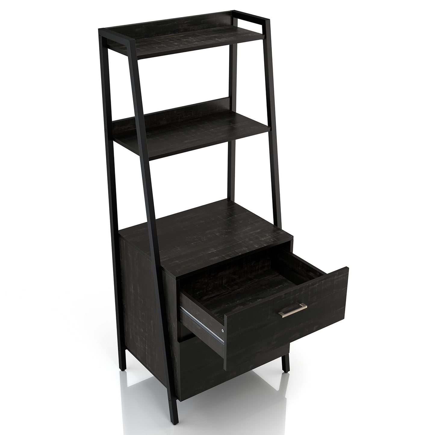 Right angled bird's eye view of a contemporary reclaimed black oak and black angular two-shelf bookcase with two-drawer file cabinet with top drawer open on a white background