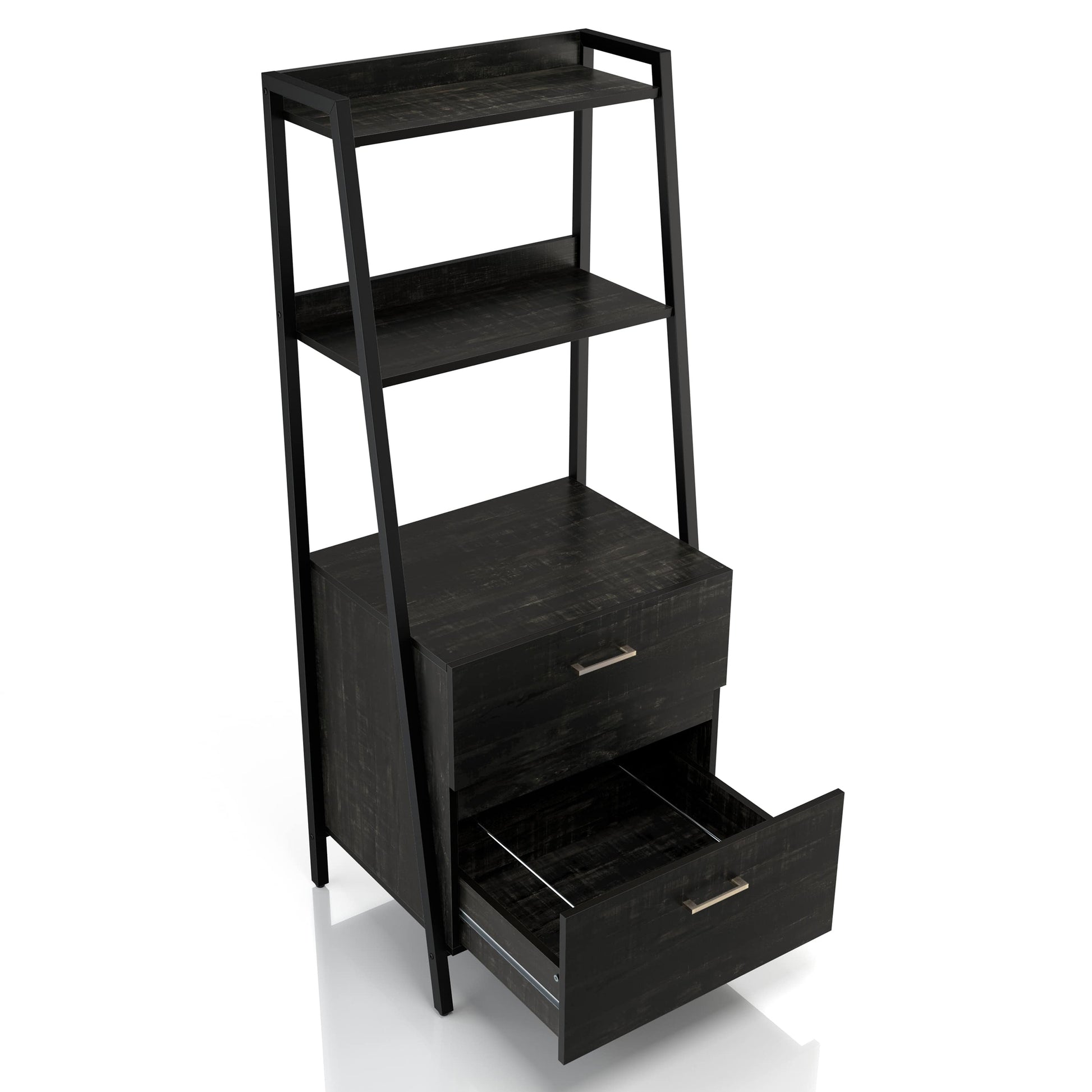Right angled bird's eye view of a contemporary reclaimed black oak and black angular two-shelf bookcase with two-drawer file cabinet with bottom drawer open on a white background