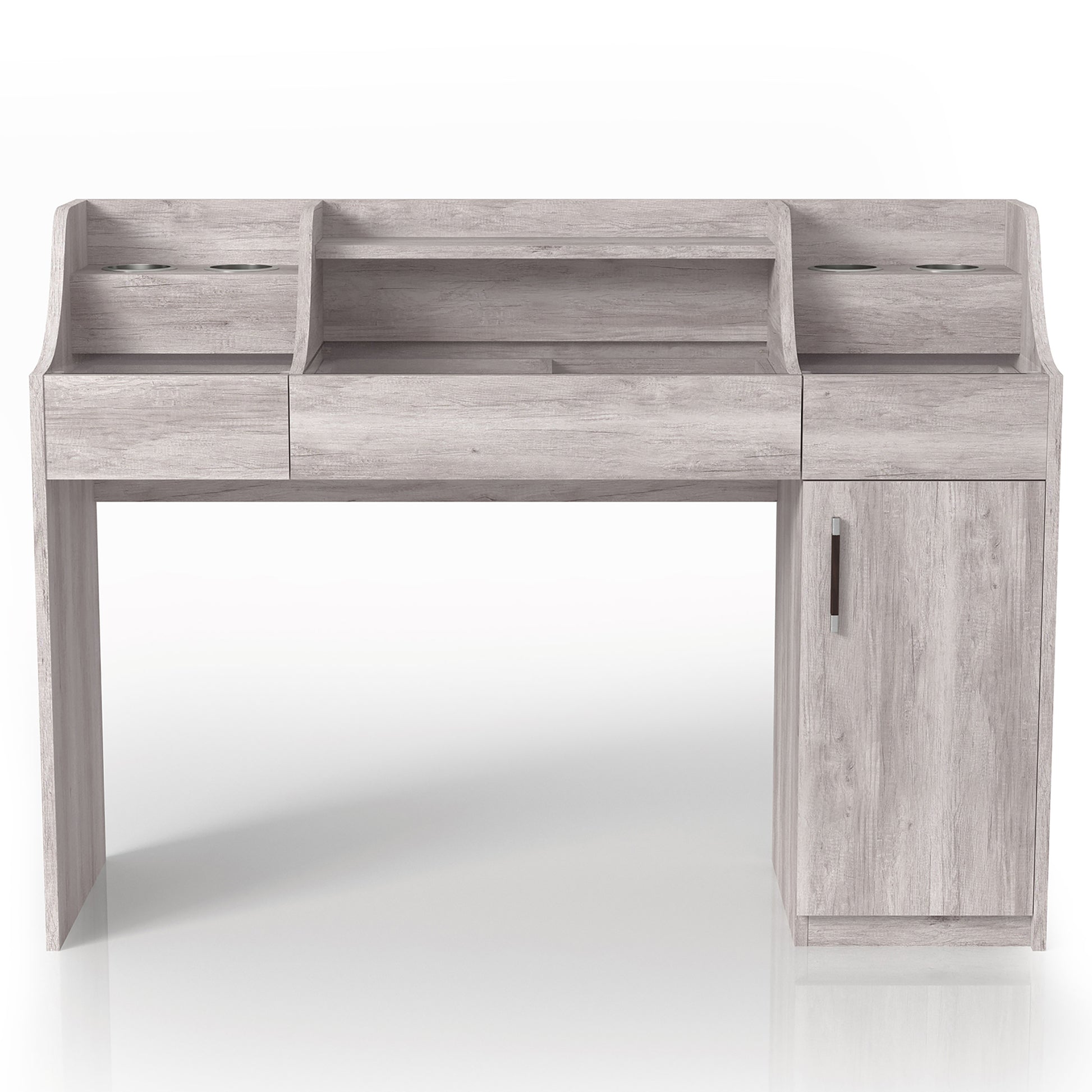 Front-facing transitional coastal white three-drawer vanity table with grommets and glass drawer tops on a white background