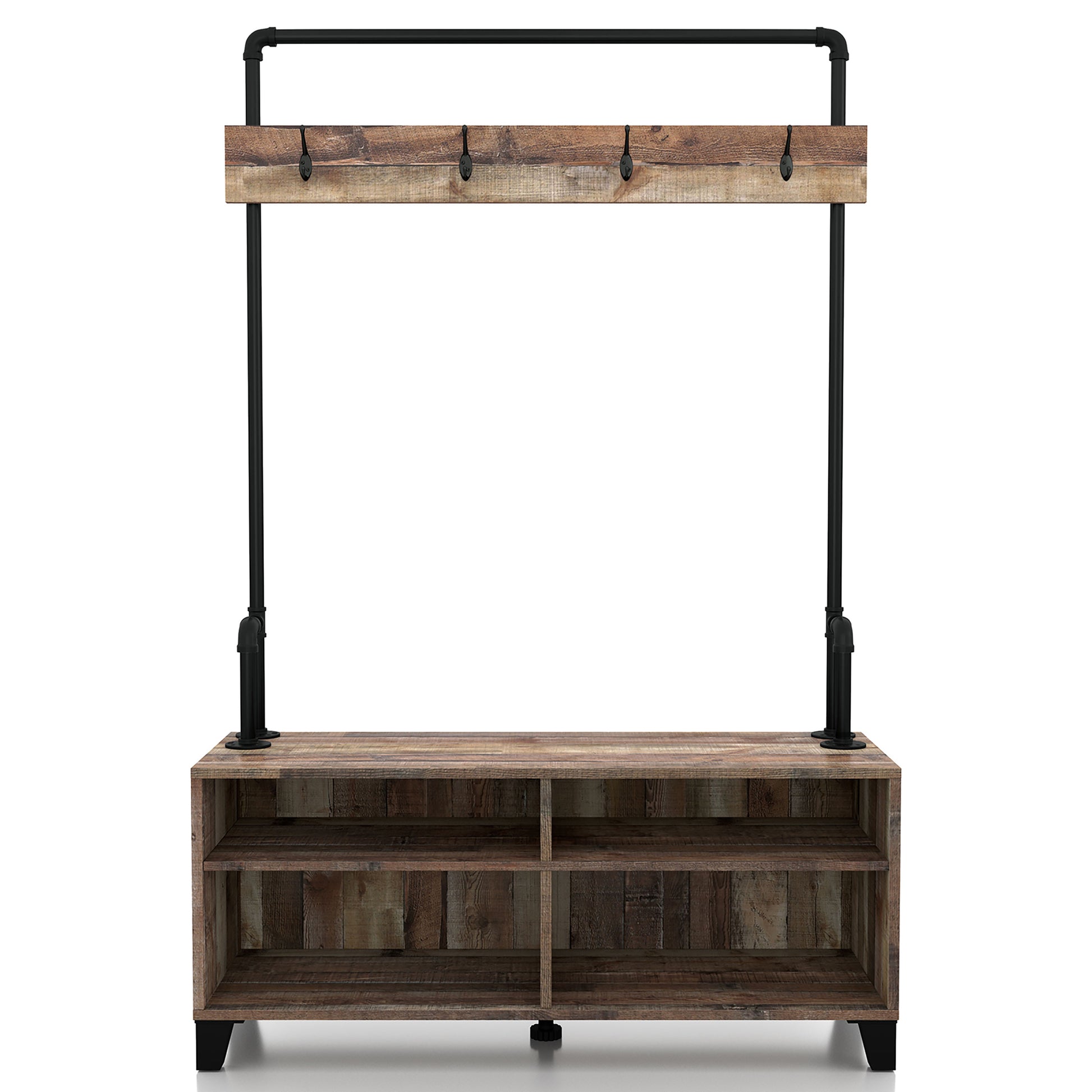 Front-facing industrial reclaimed barnwood water pipe four-shelf entryway coat rack bench on a white background