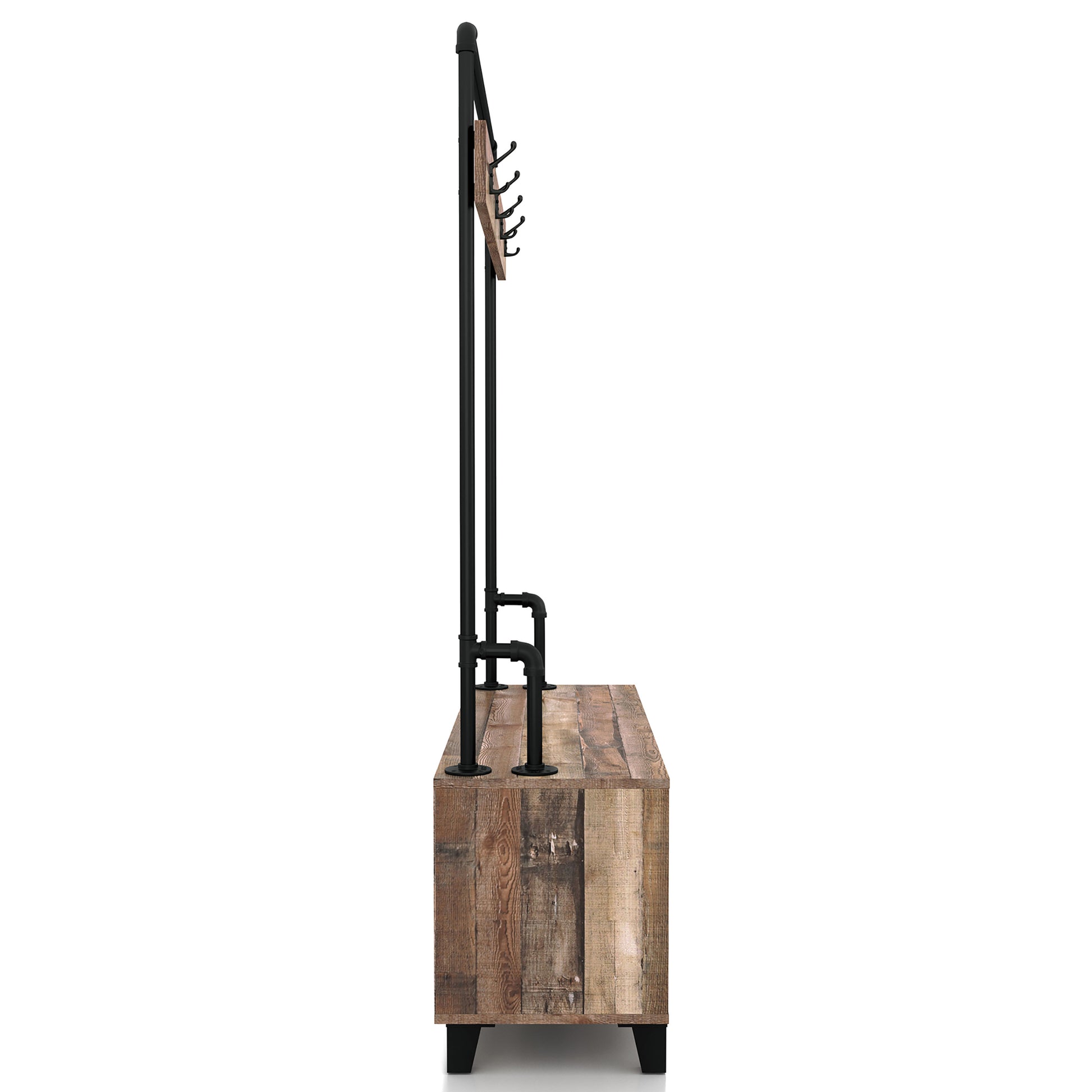 Front-facing side view of an industrial reclaimed barnwood water pipe four-shelf entryway coat rack bench on a white background