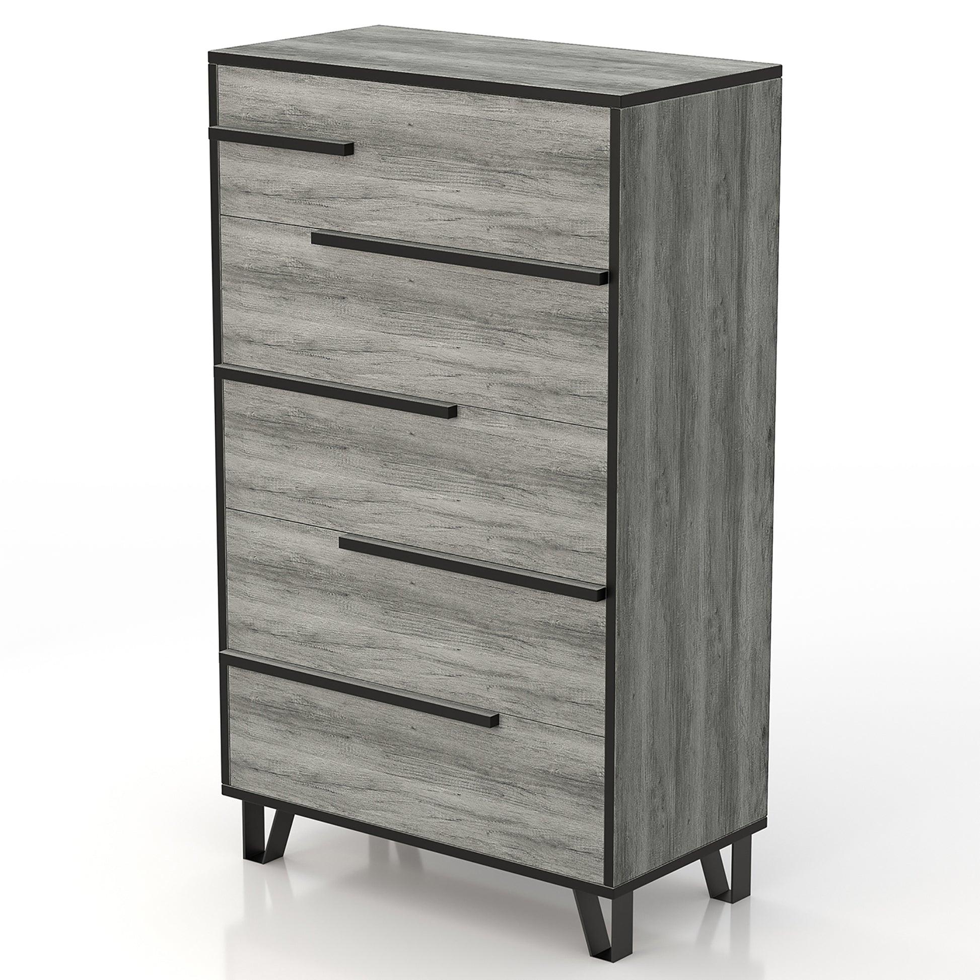 Left angled modern vintage gray oak and black five-drawer chest on a white background