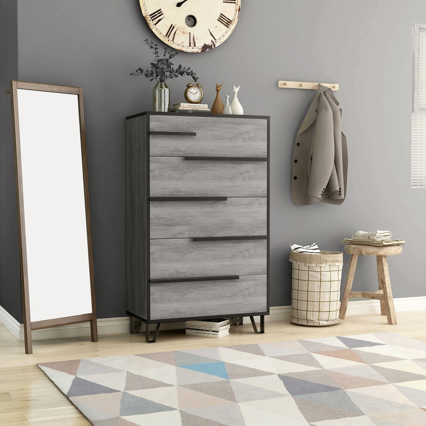 Right angled modern vintage gray oak and black five-drawer chest in a bedroom with accessories