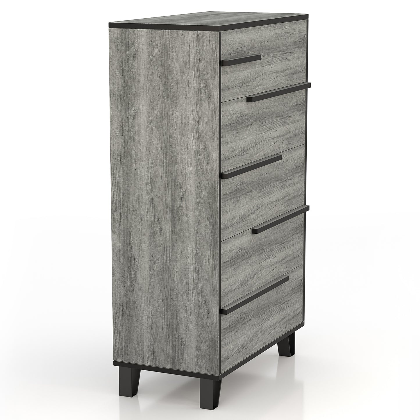 Right angled modern vintage gray oak and black five-drawer chest on a white background