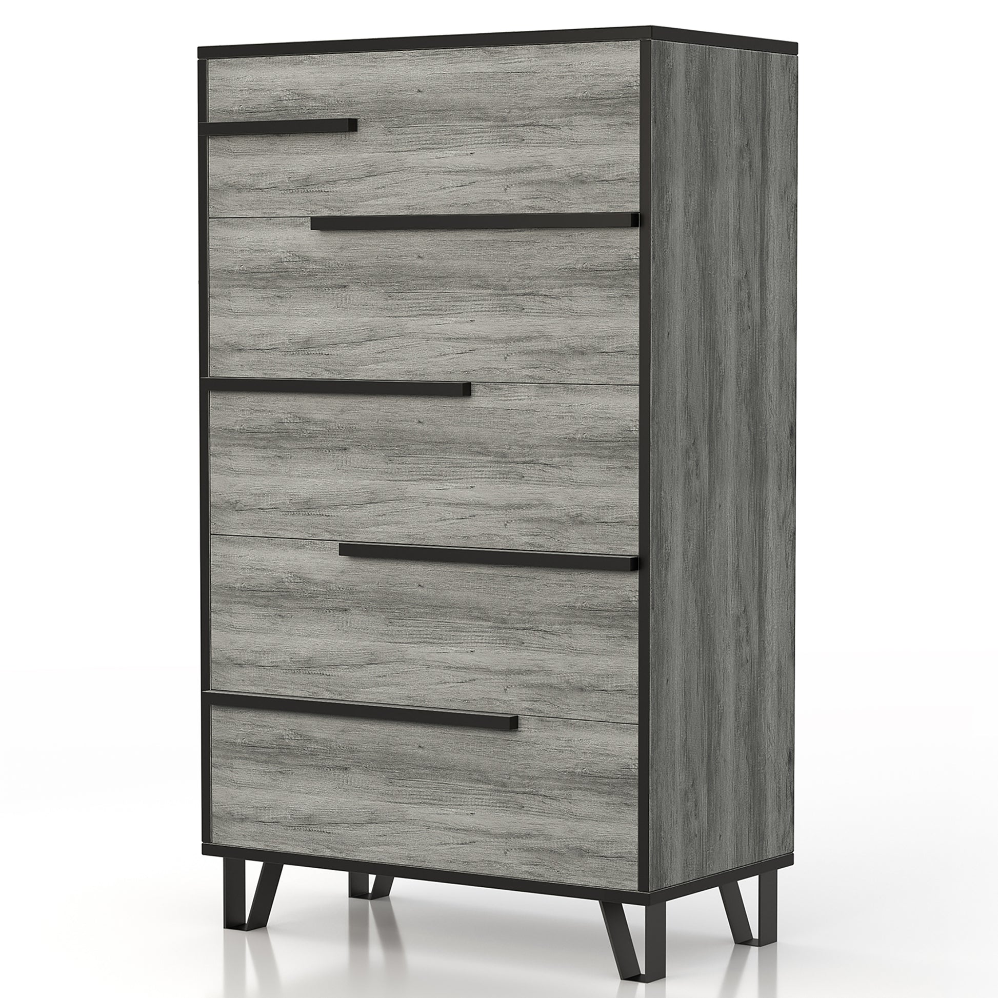 Left angled modern vintage gray oak and black five-drawer chest on a white background