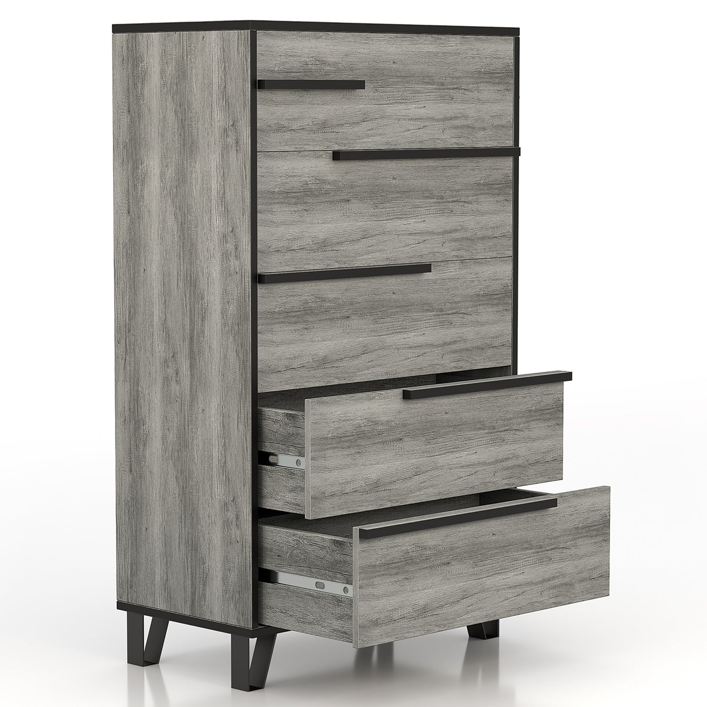 Right angled modern vintage gray oak and black five-drawer chest with two drawers open on a white background