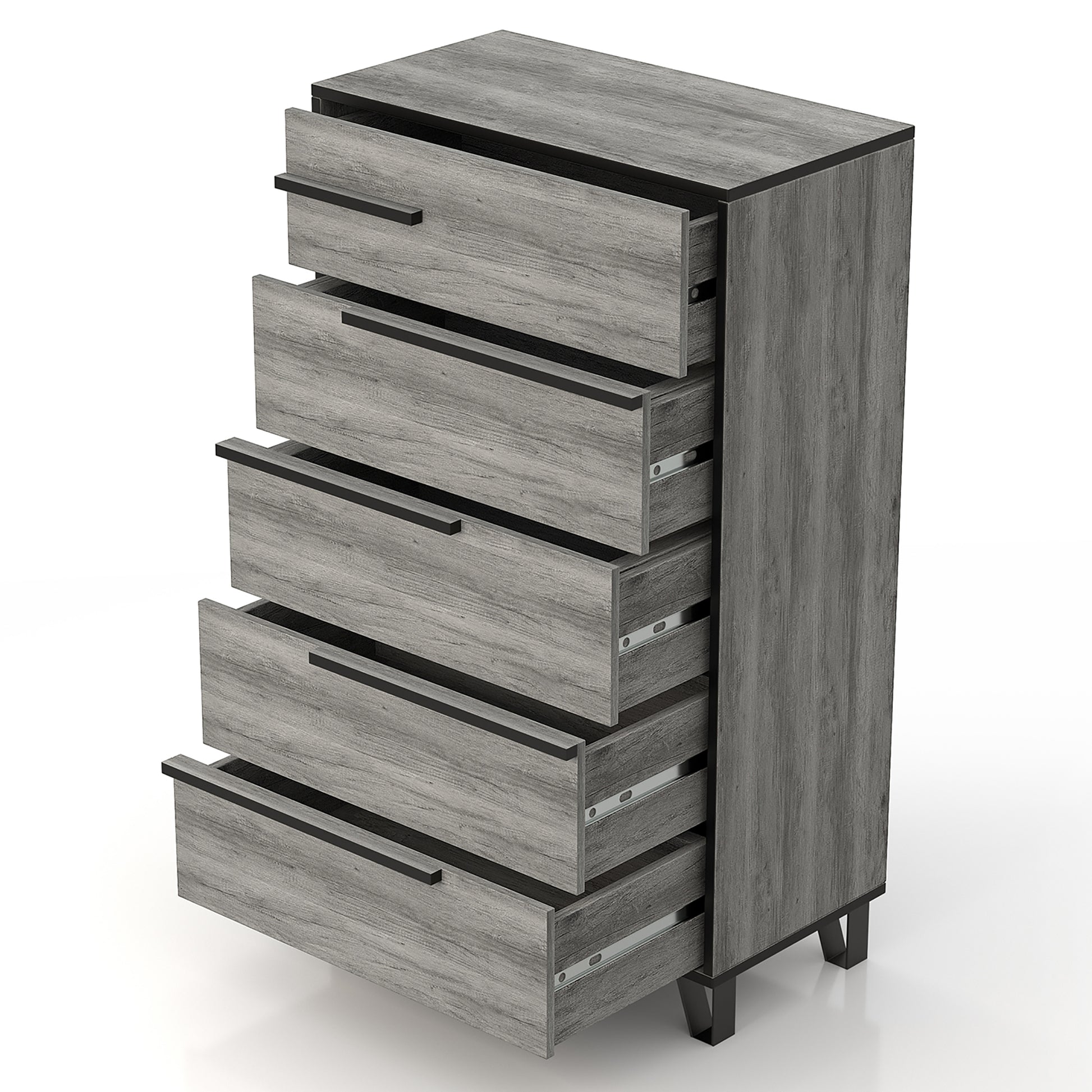 Left angled modern vintage gray oak and black five-drawer chest with all drawers open on a white background