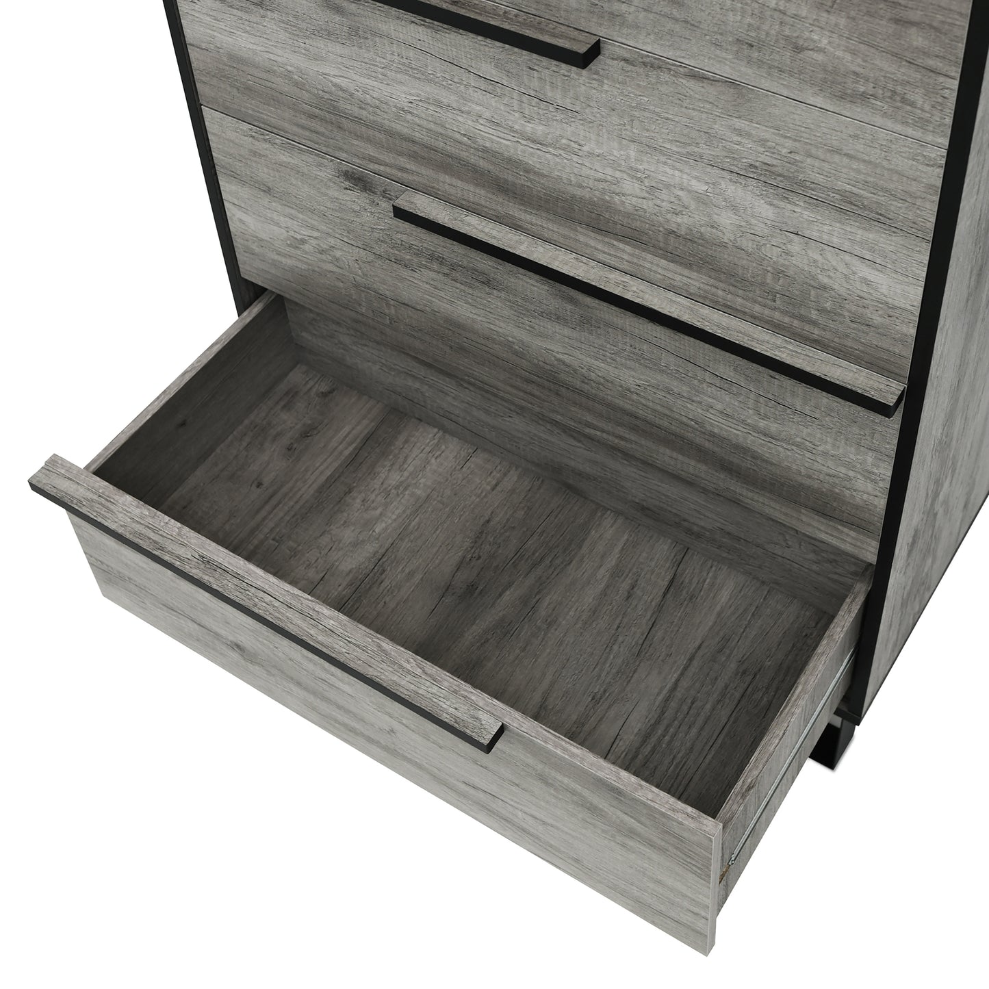 Left angled bird's eye view close-up of a modern vintage gray oak and black five-drawer chest with bottom drawer open on a white background