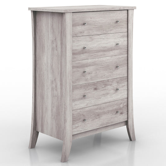 Right angled transitional coastal white five-drawer chest on a white background