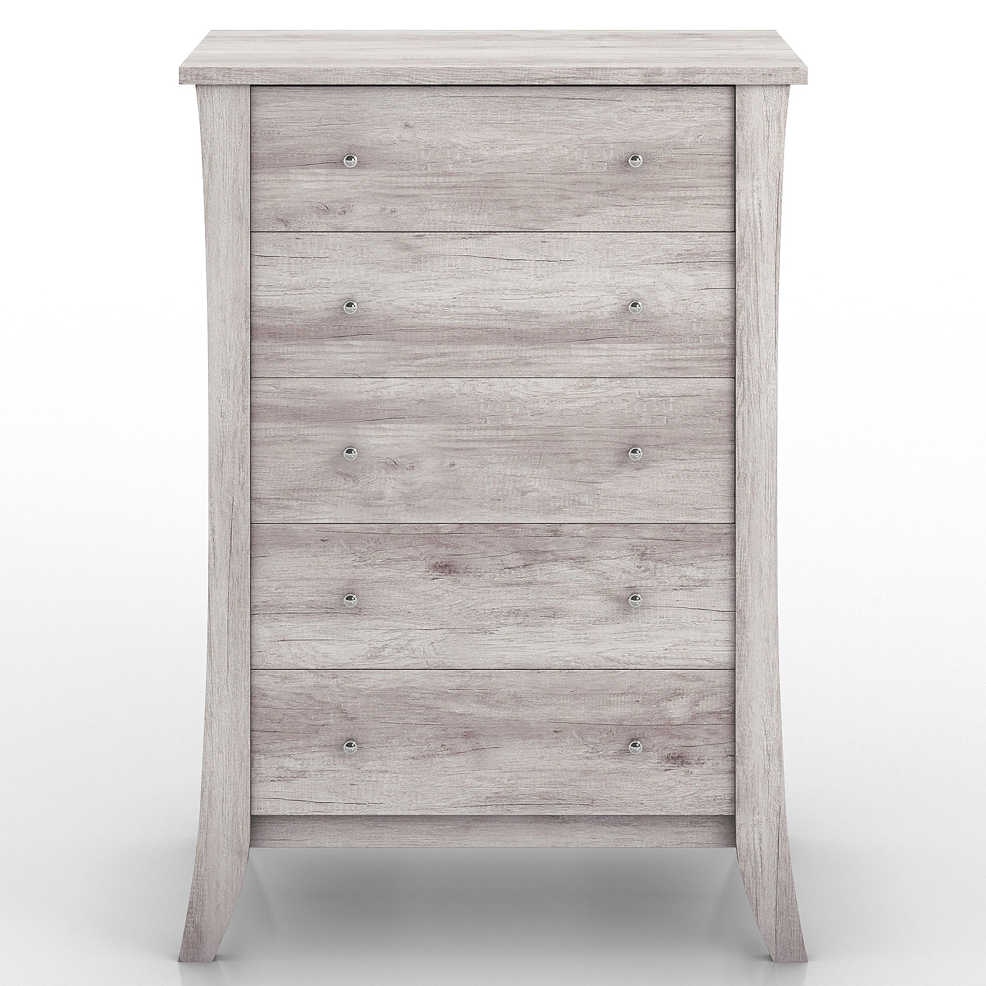 Front-facing transitional coastal white five-drawer chest on a white background