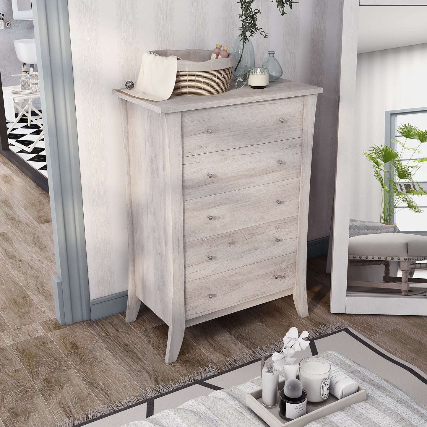 Right angled bird's eye view of a transitional coastal white five-drawer chest in a bedroom with accessories