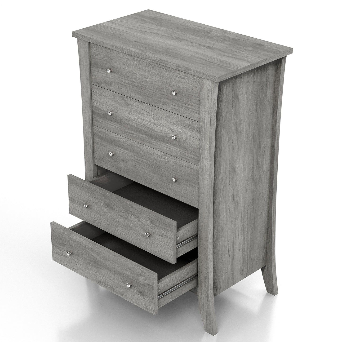 Left angled bird's eye view of a transitional vintage gray oak five-drawer chest with two drawers open on a white background