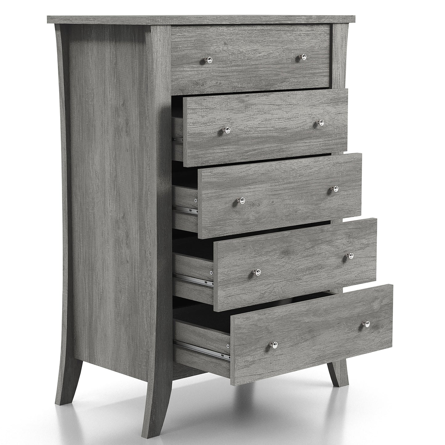 Right angled bird's eye view of a transitional vintage gray oak five-drawer chest with four drawers open on a white background