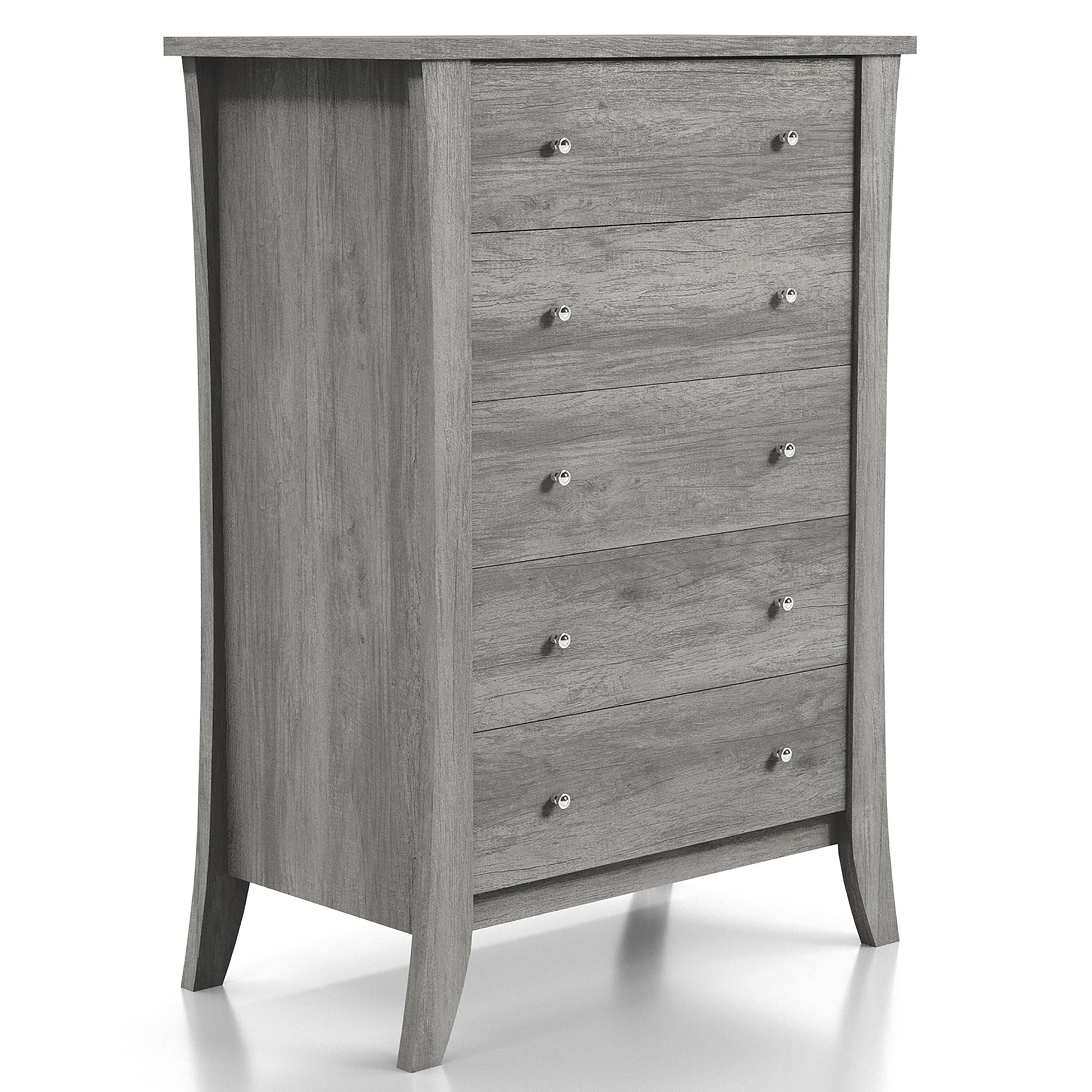 Right angled transitional vintage gray oak five-drawer chest on a white background