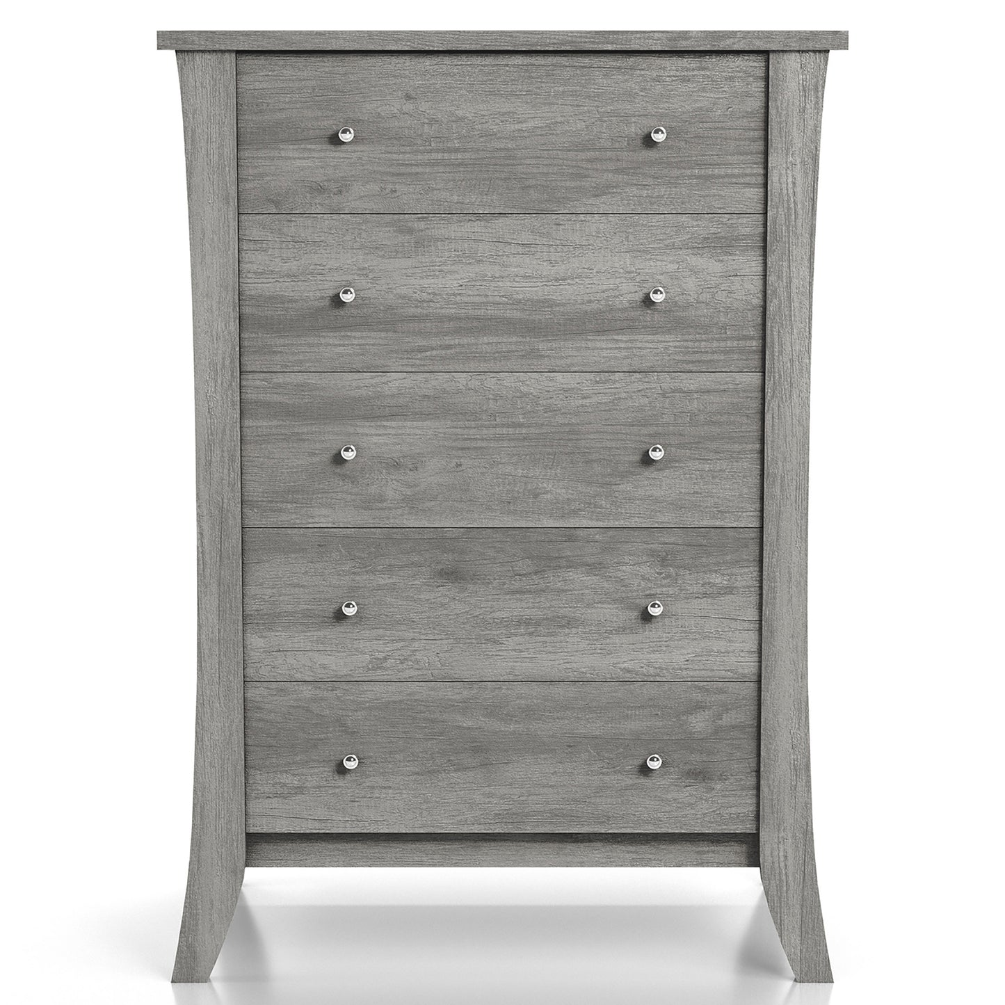 Front-facing transitional vintage gray oak five-drawer chest on a white background