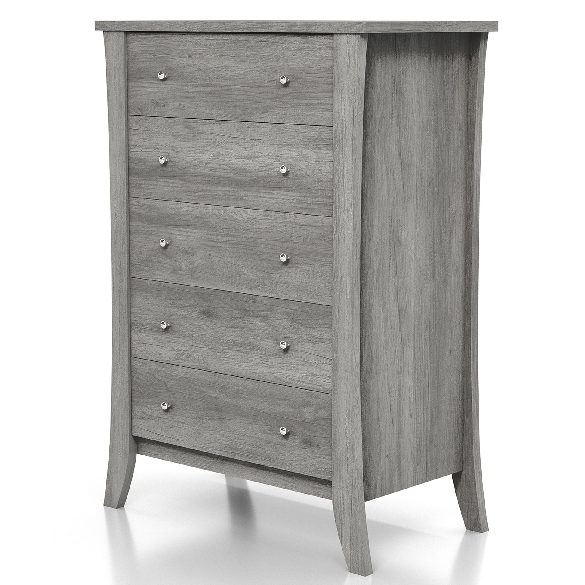 Left angled transitional vintage gray oak five-drawer chest on a white background