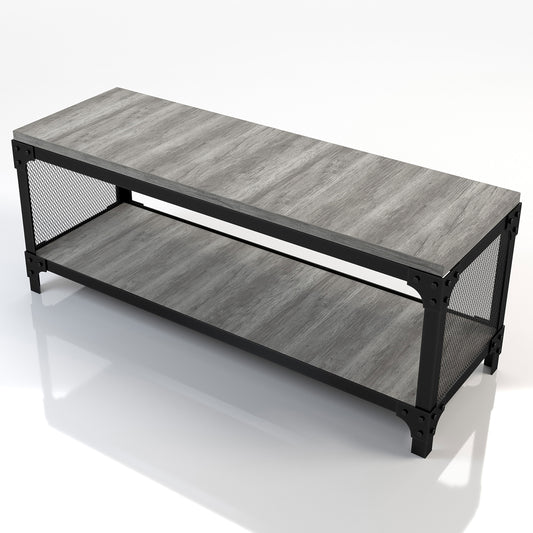 Left angled industrial vintage gray oak shoe storage bench with a shelf on a white background