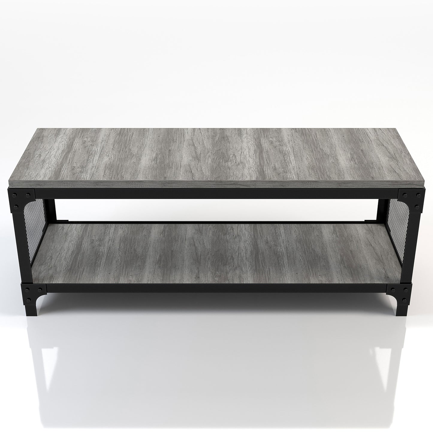 Front-facing bird's eye view of an industrial vintage gray oak shoe storage bench with a shelf on a white background