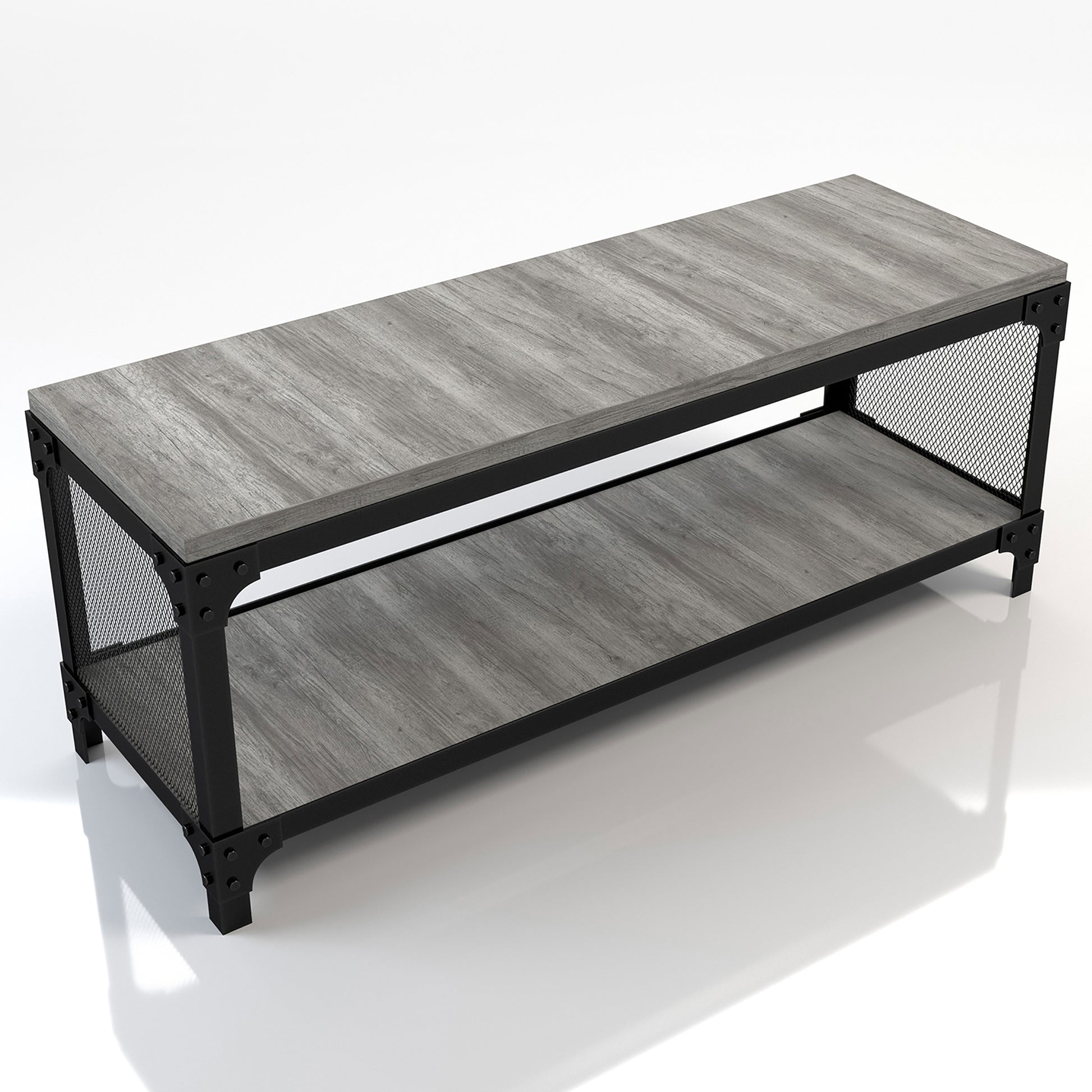 Right angled bird's eye view of an industrial vintage gray oak shoe storage bench with a shelf on a white background