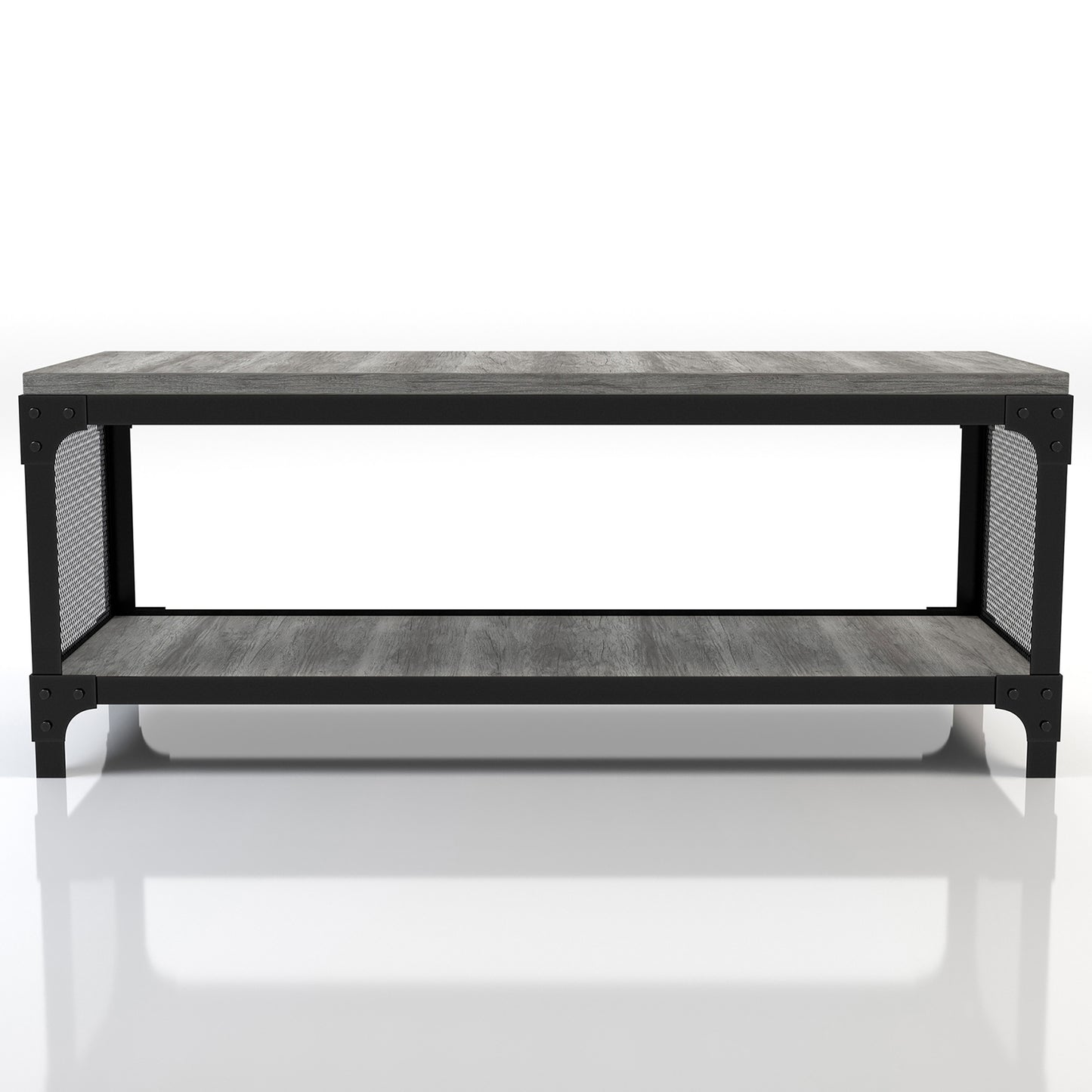 Front-facing industrial vintage gray oak shoe storage bench with a shelf on a white background