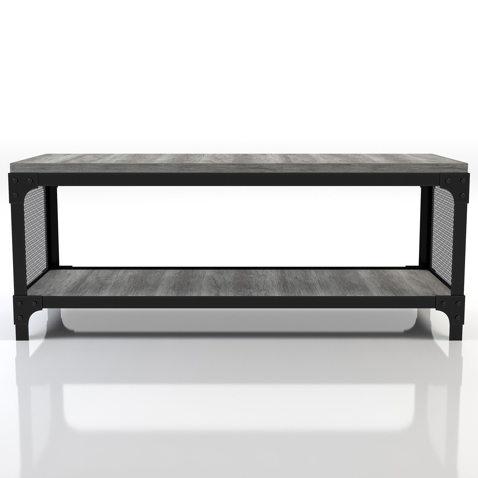 Front-facing industrial vintage gray oak shoe storage bench with a shelf on a white background