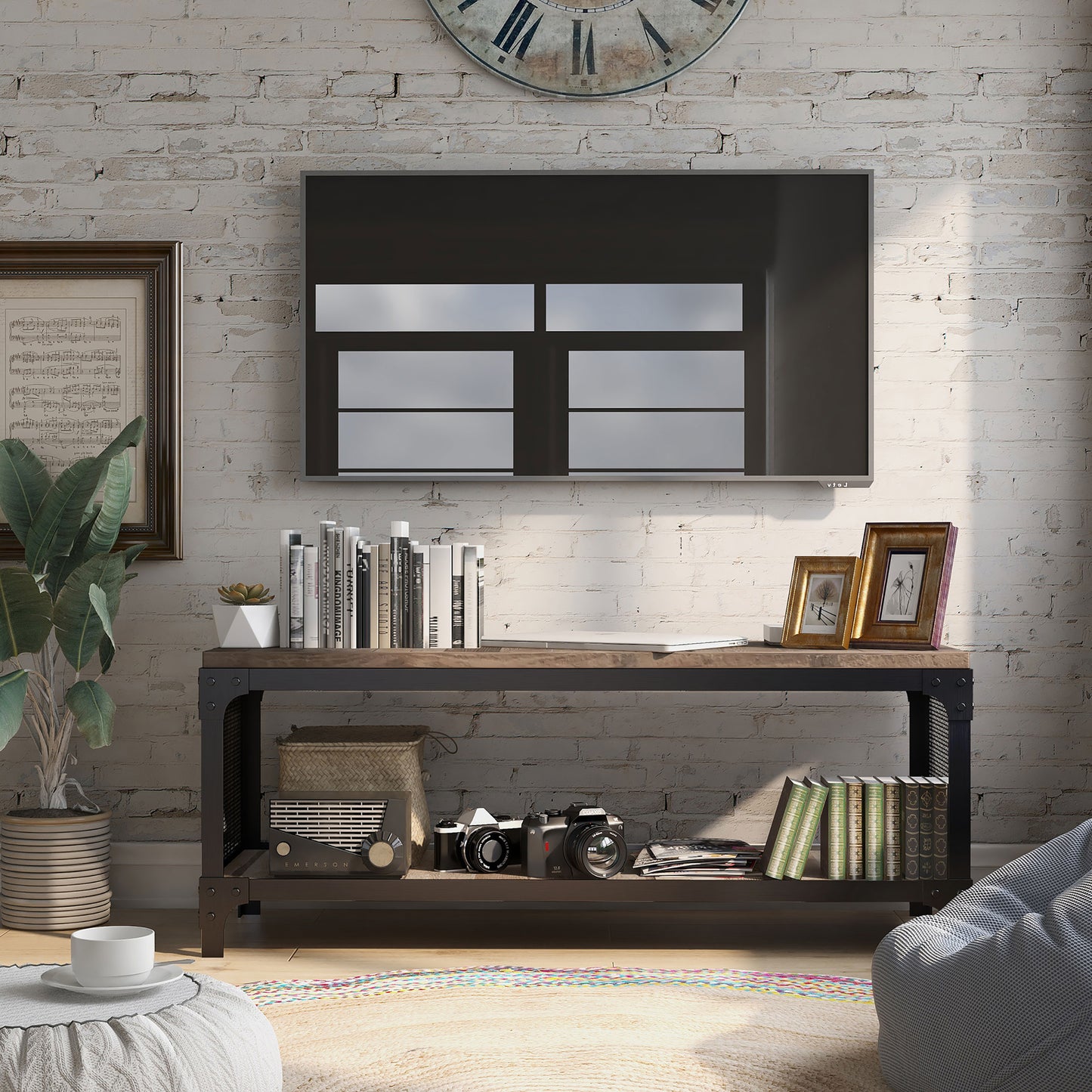 Front-facing industrial reclaimed barnwood shoe storage bench with a shelf in a living area with accessories