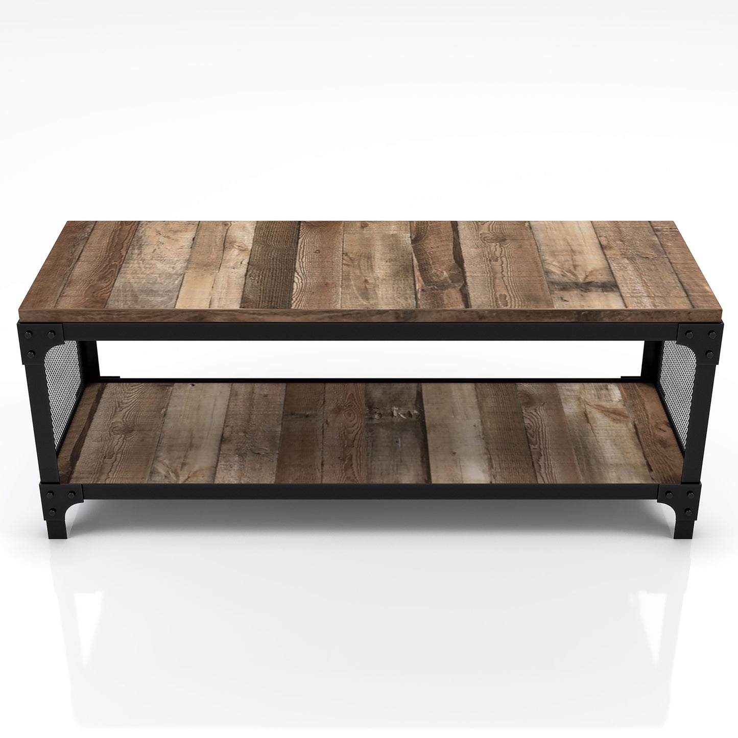 Front-facing industrial reclaimed barnwood shoe storage bench with a shelf on a white background