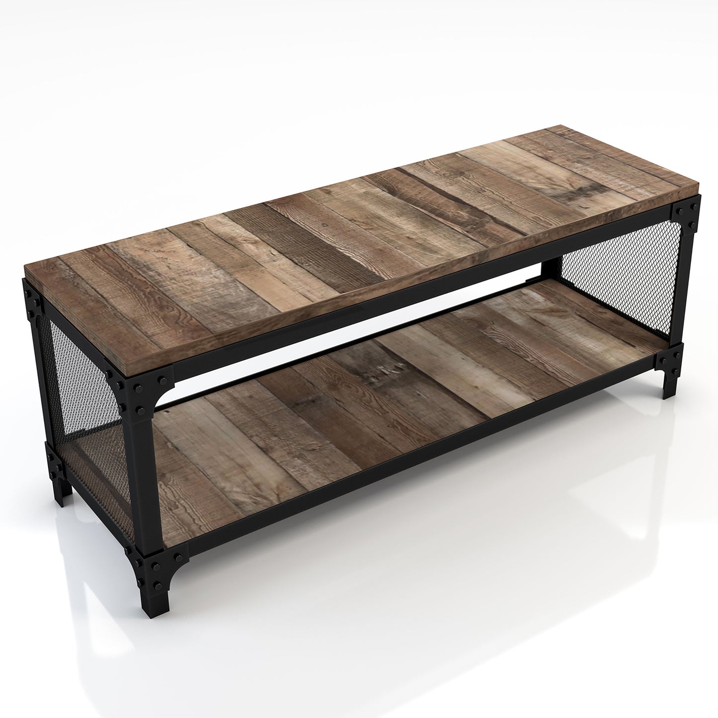 Right angled industrial reclaimed barnwood shoe storage bench with a shelf on a white background