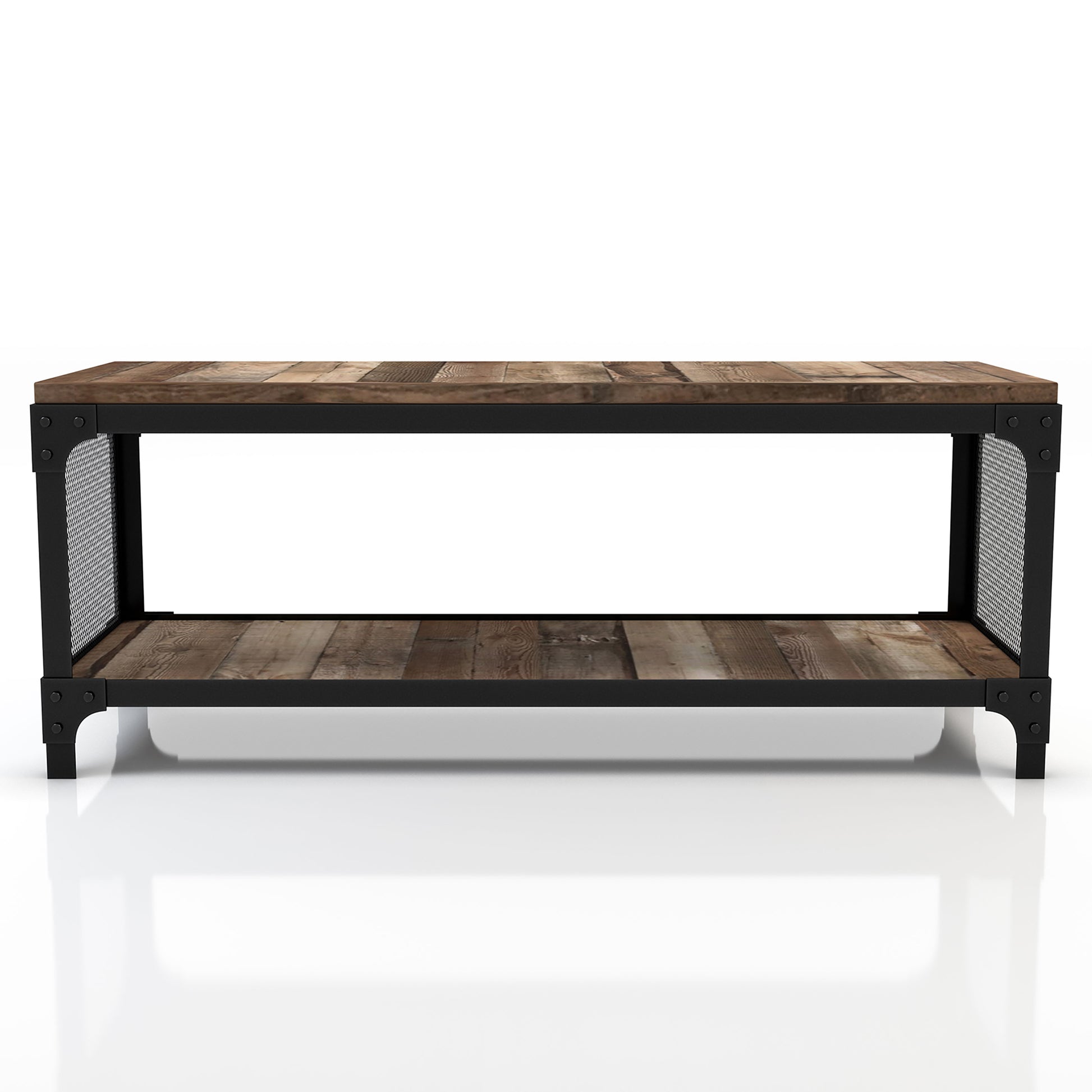 Front-facing industrial reclaimed barnwood shoe storage bench with a shelf on a white background