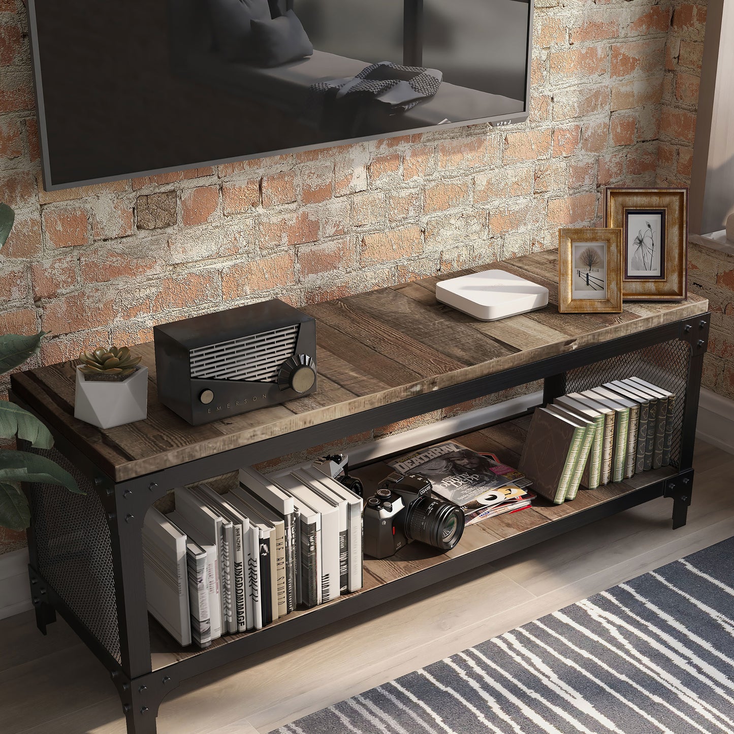Right angled bird's eye view of an industrial reclaimed barnwood shoe storage bench with a shelf in a living area with accessories