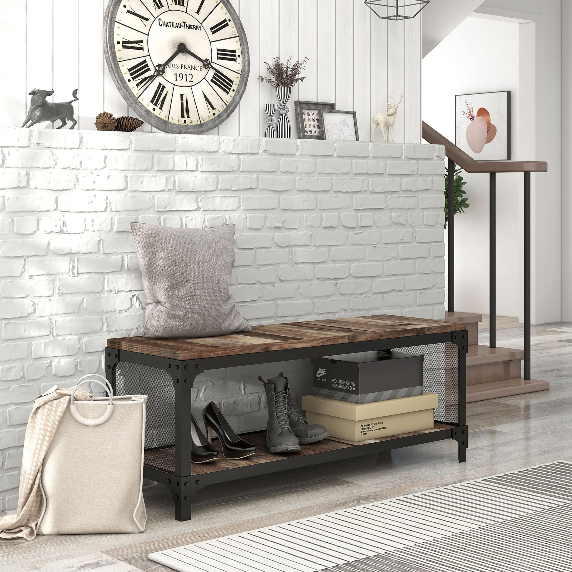 Right angled industrial reclaimed barnwood shoe storage bench with a shelf in a living area with accessories