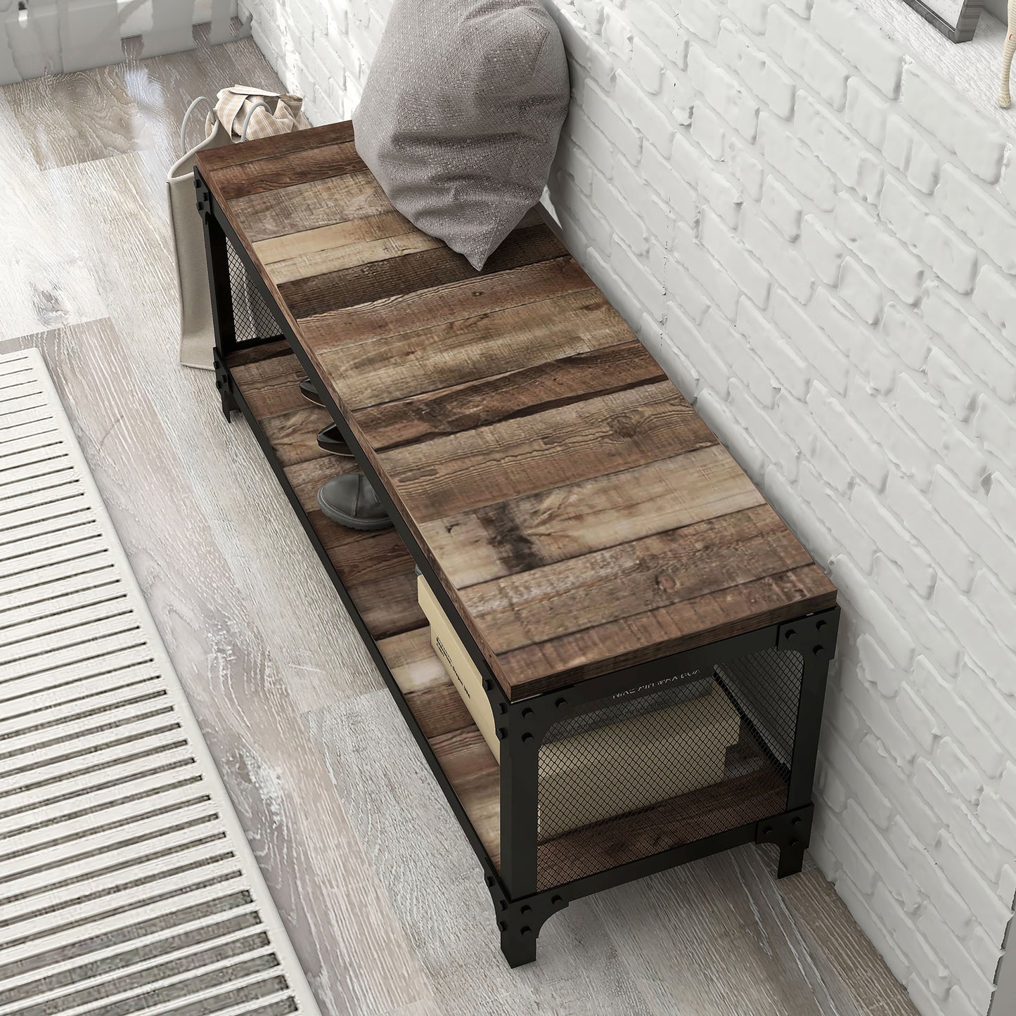 Left angled bird's eye view of an industrial reclaimed barnwood shoe storage bench with a shelf in a living area with accessories