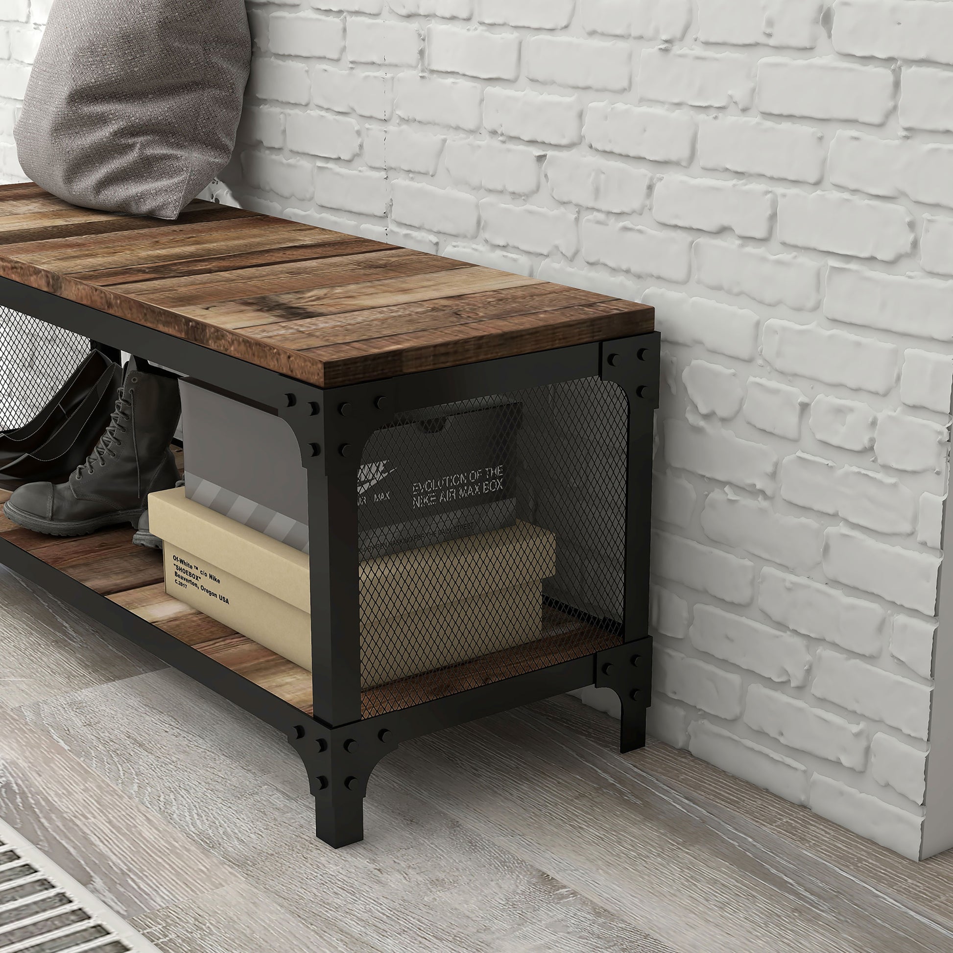 Left angled close-up mesh side detail view of an industrial reclaimed barnwood shoe storage bench with a shelf in a ;living area with accessories