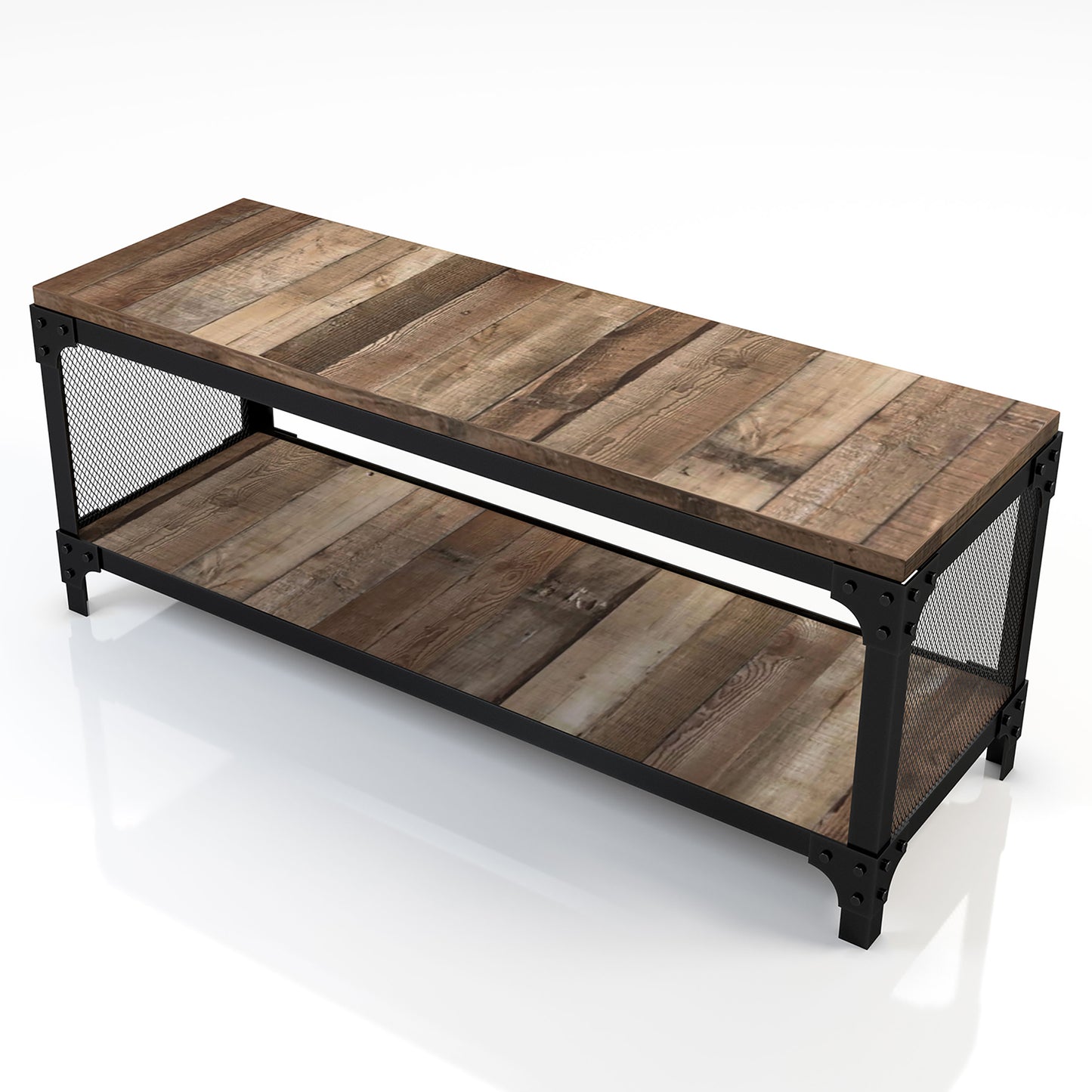 Left angled industrial reclaimed barnwood shoe storage bench with a shelf on a white background