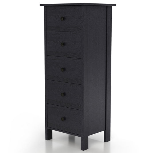 Left angled transitional black slim five-drawer chest on a white background
