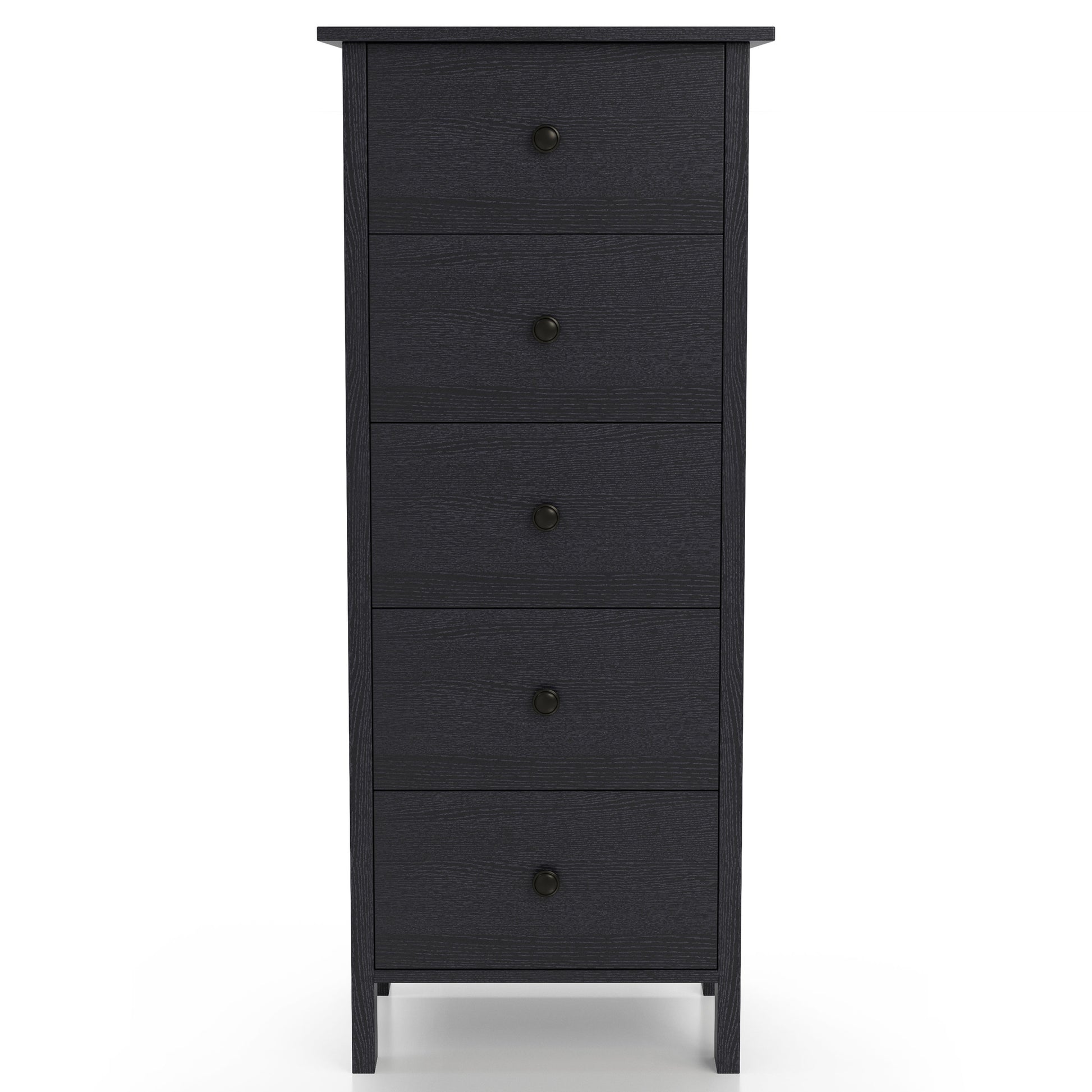 Front-facing transitional black slim five-drawer chest on a white background