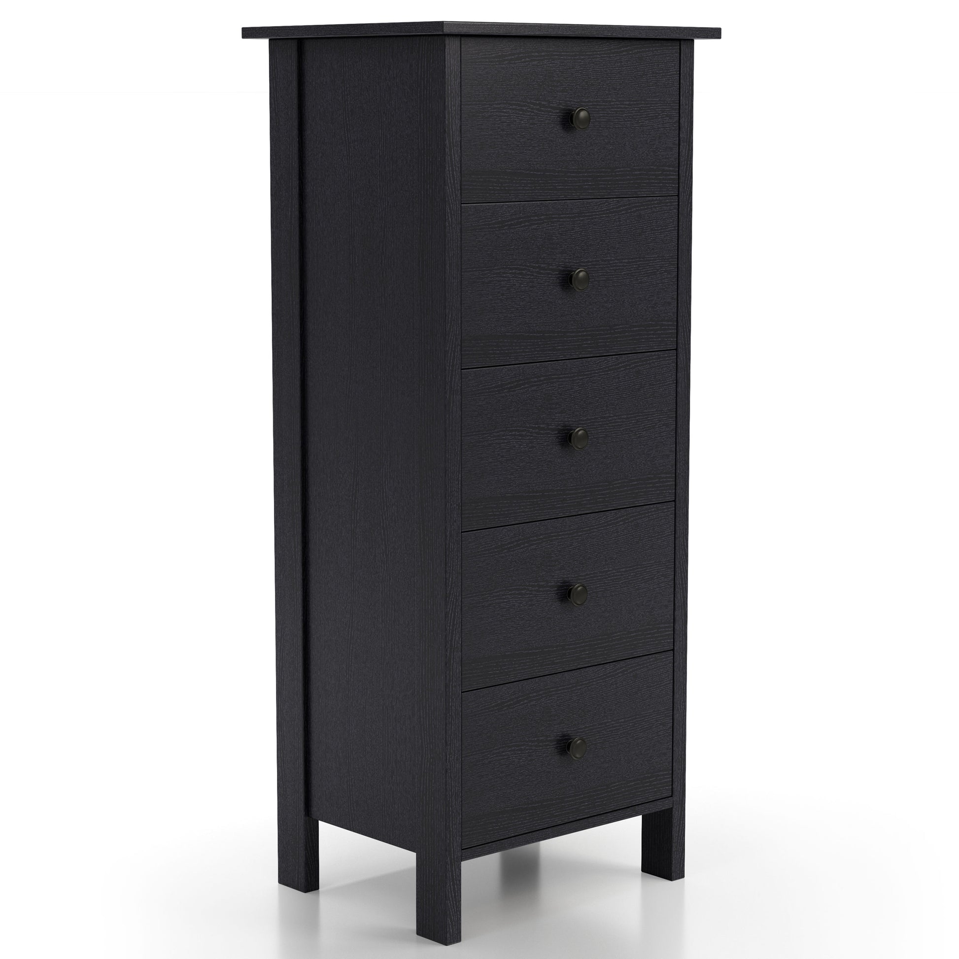 Right angled transitional black slim five-drawer chest on a white background
