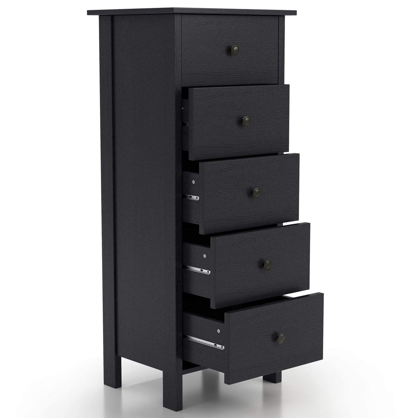 Right angled transitional black slim five-drawer chest with four drawers open on a white background