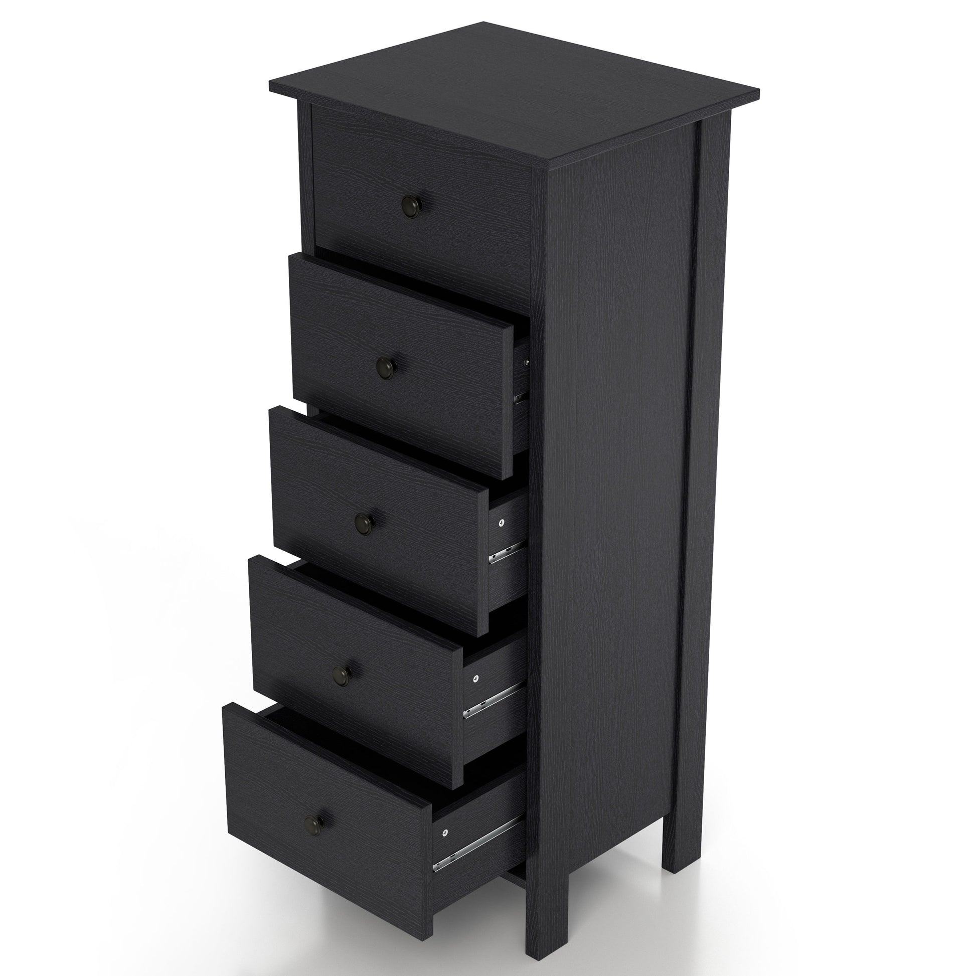Left angled transitional black slim five-drawer chest with four drawers open on a white background