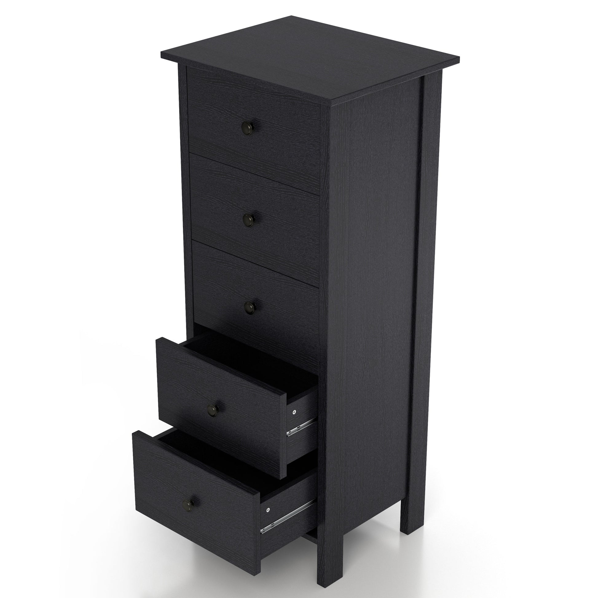 Left angled transitional black slim five-drawer chest with two drawers open on a white background