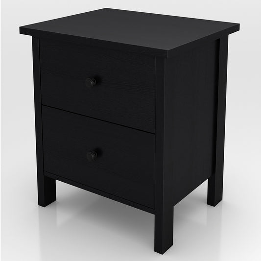 Left angled transitional black two-drawer nightstand on a white background