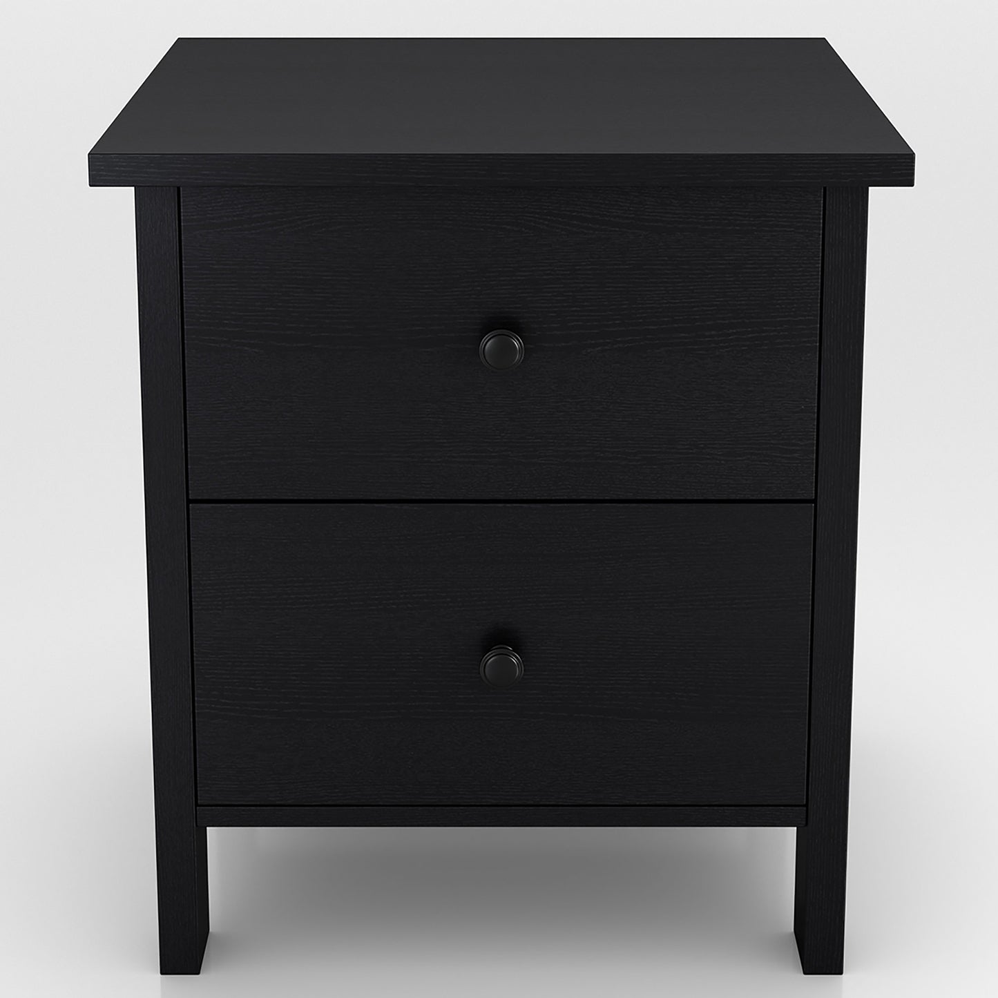 Front-facing transitional black two-drawer nightstand on a white background