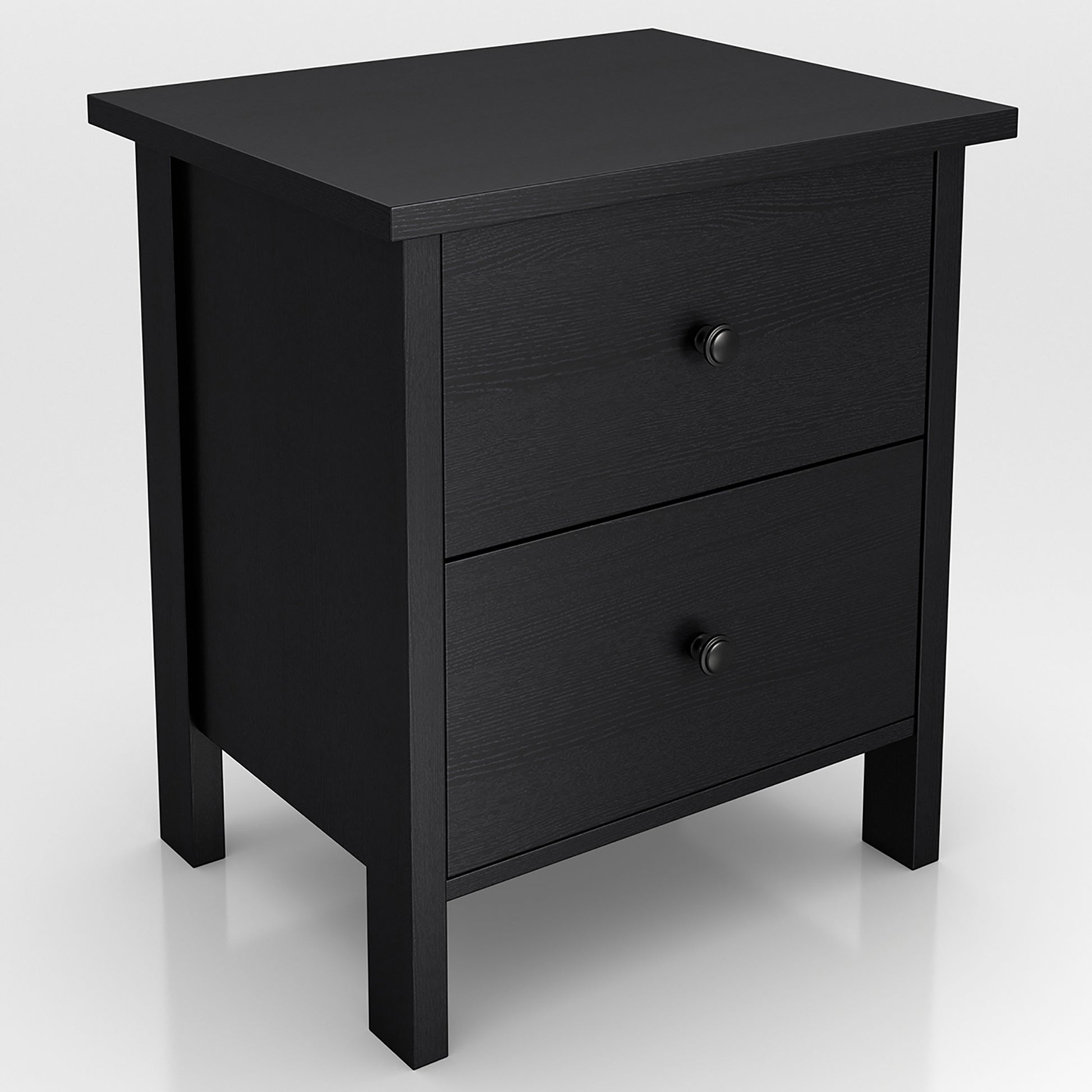 Right angled transitional black two-drawer nightstand on a white background