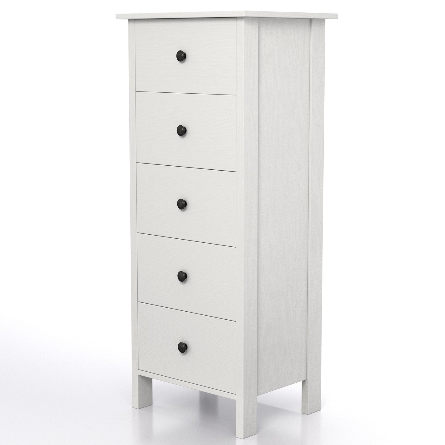 Left angled transitional white slim five-drawer chest on a white background