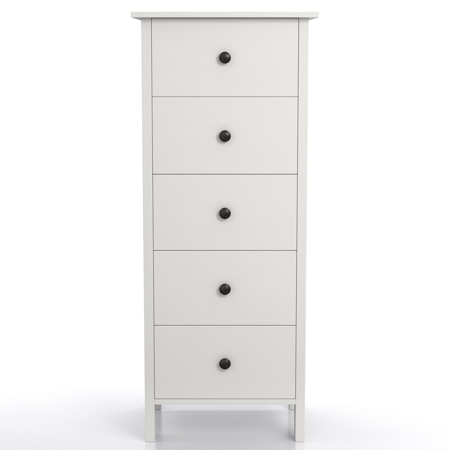 Front-facing transitional white slim five-drawer chest on a white background