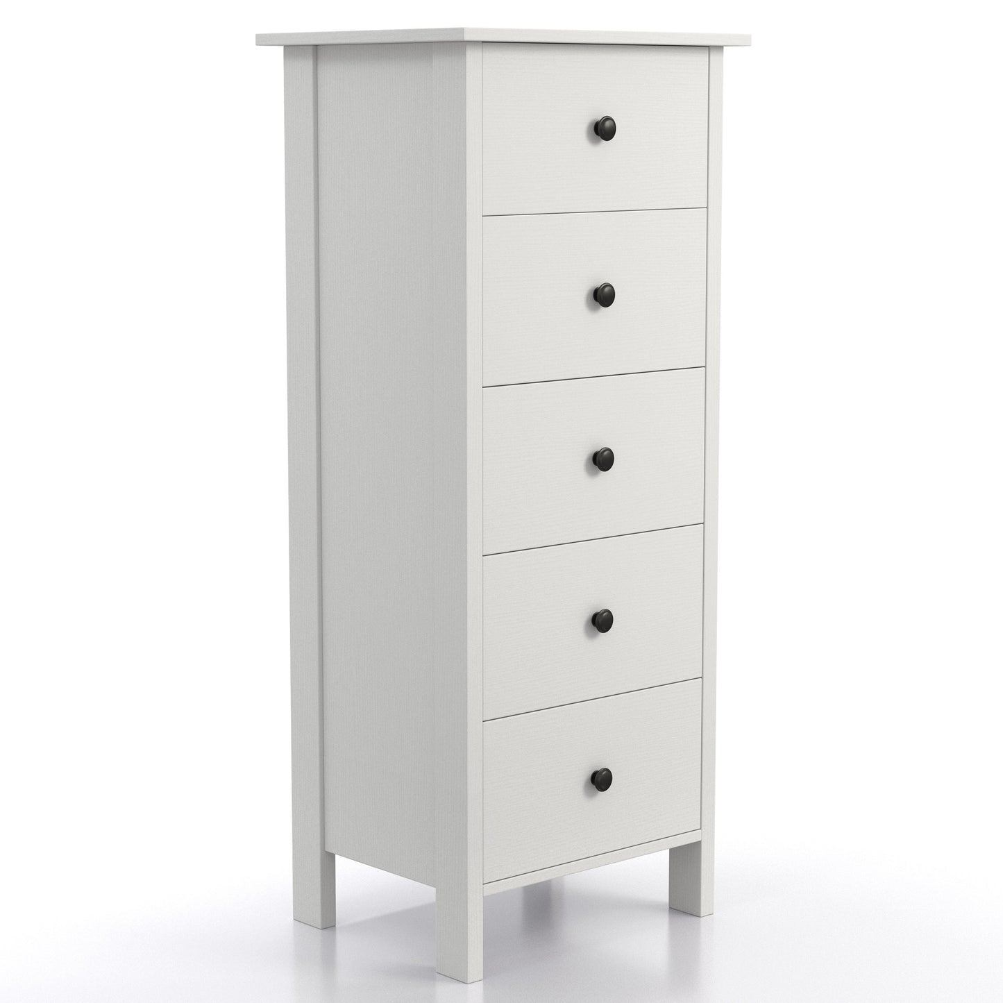 Right angled transitional white slim five-drawer chest on a white background